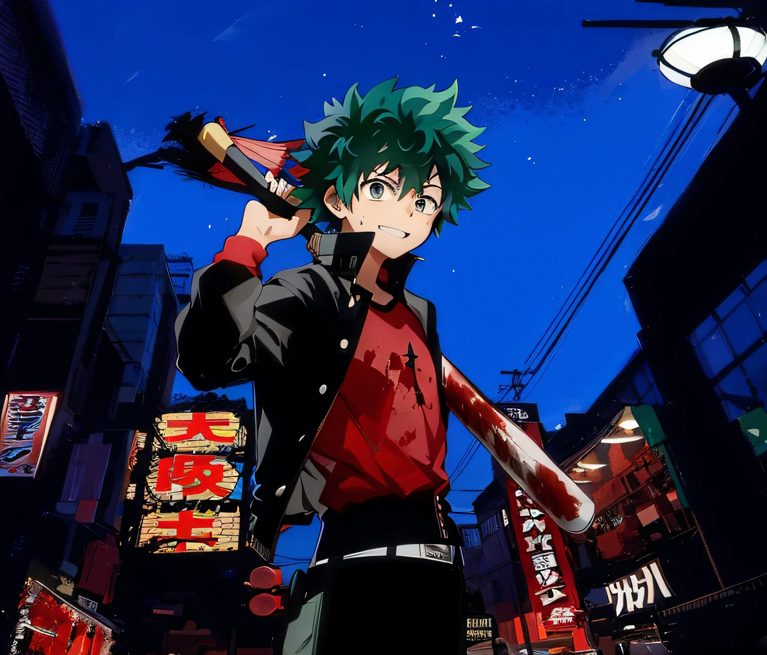 A teenager holding a baseball bat and blood stains, Izuku Midoriya, Boku No Hero estilo Academia, estilo anime, chaqueta negra, ciudad de fondo