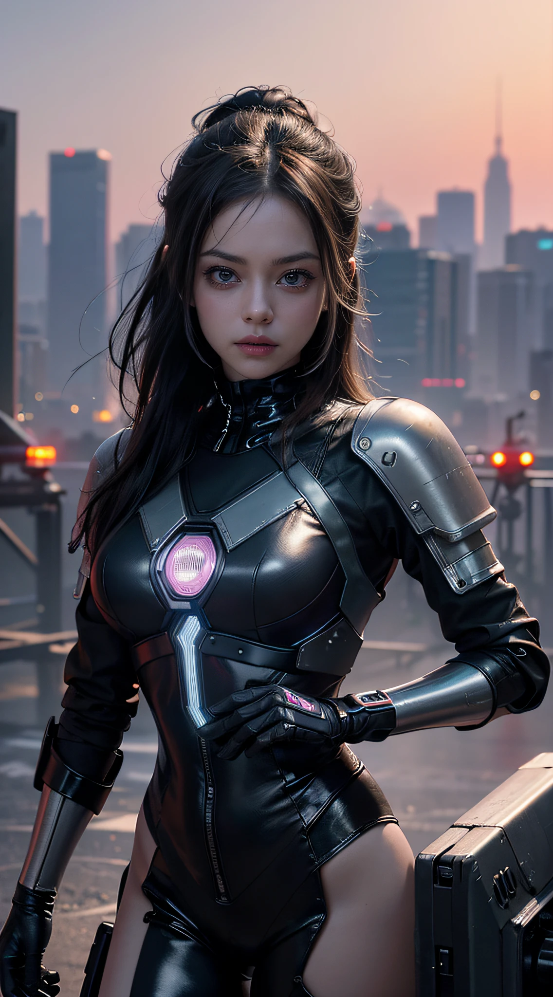 Best image quality, Masterpiece, Ultra-high resolution, (Fidelity:1.4), Photo,  Movie, ((cyber punk perssonage)), Preteen fairy goth robot, Mila Kunis. cyber outfit, Futuristic, ((Award-winning ultra-realistic photos))，（Hyper-detailing），（Complicated details），（High resolution CGI artwork 8k），a girl in，Cyberpunk-city。Futuristic style，There are many colors and LED lights。The cityscape should be very detailed，depth of fields。Create depth with atmospheric lighting，wide wide shot。Use atmospheric and volumetric lighting to enhance cityscape detail。illuminated by neon lights, Pastel textured colored background, Colourful, vibrant