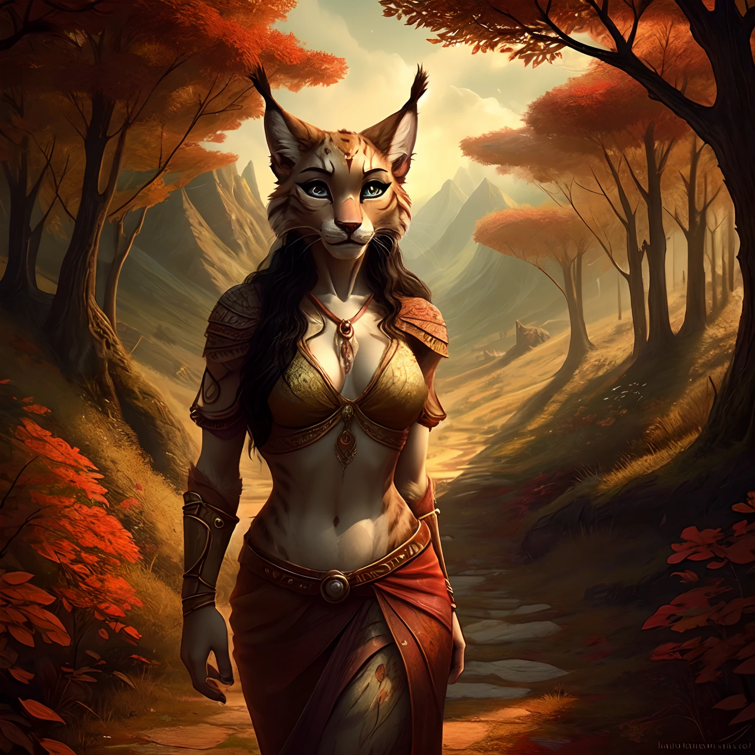 A seductive fitness woman with a medium-long black hair and a grey fur, resembling a Khajiit from "The Elder Scrolls". She has beautiful lynx ears with piercings and is adorned with elaborate jewelry. Her toned body accentuates her alluring figure. She is standing in an autumn forest surrounded by majestic mountains. The forest is filled with vibrant shades of red, orange, and yellow, reflecting the season's change. She holds a hunting bow in her hand, embodying her agile and skilled nature. The sunlight gently filters through the dense foliage, casting a warm and ethereal glow on her. The scene exudes a sense of mystery and tranquility, inviting viewers to explore the enchanting world of the Khajiit. With the best quality and ultra-detailed rendering, the resulting artwork will capture the essence of this seductive yet powerful character amidst the beauty of nature.