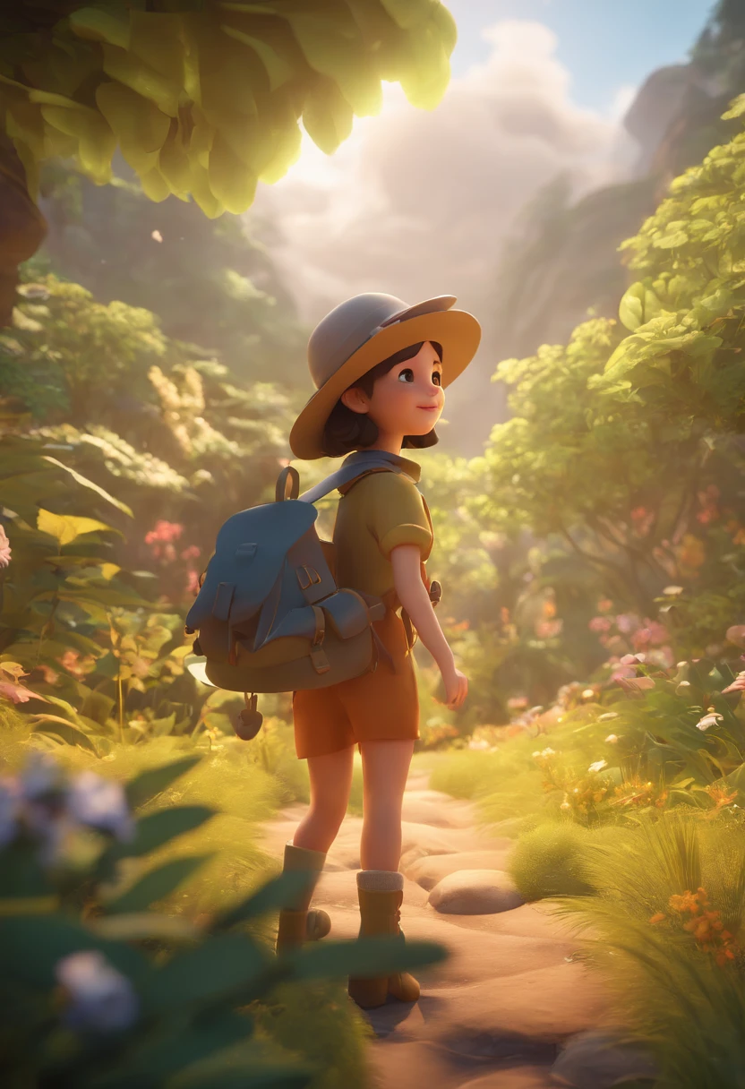 There is a poster with a cartoon character in a hat and backpack, female explorer mini cute girl, walking in the wilderness, flower jungle, animation style rendering, cute 3 D rendering, small characters. Unreal Engine 5, stylized anime, cute detailed digital art, Atey Ghailan 8 K, stylized 3D rendering, adventure surreal rendering, anime style 3D, 3D rendering stylized