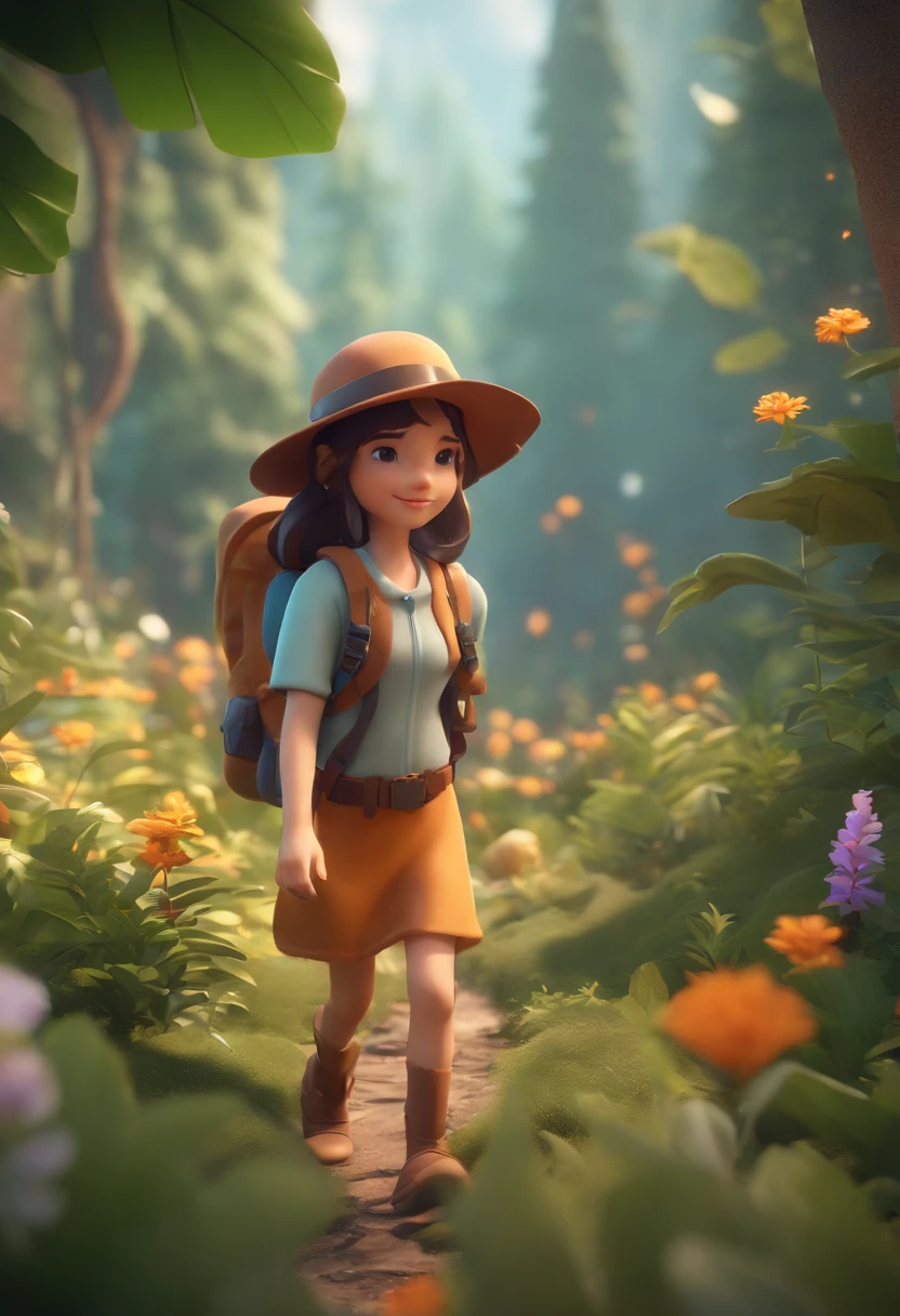 There is a poster with a cartoon character in a hat and backpack, female explorer mini cute girl, walking in the wilderness, flower jungle, animation style rendering, cute 3 D rendering, small characters. Unreal Engine 5, stylized anime, cute detailed digital art, Atey Ghailan 8 K, stylized 3D rendering, adventure surreal rendering, anime style 3D, 3D rendering stylized