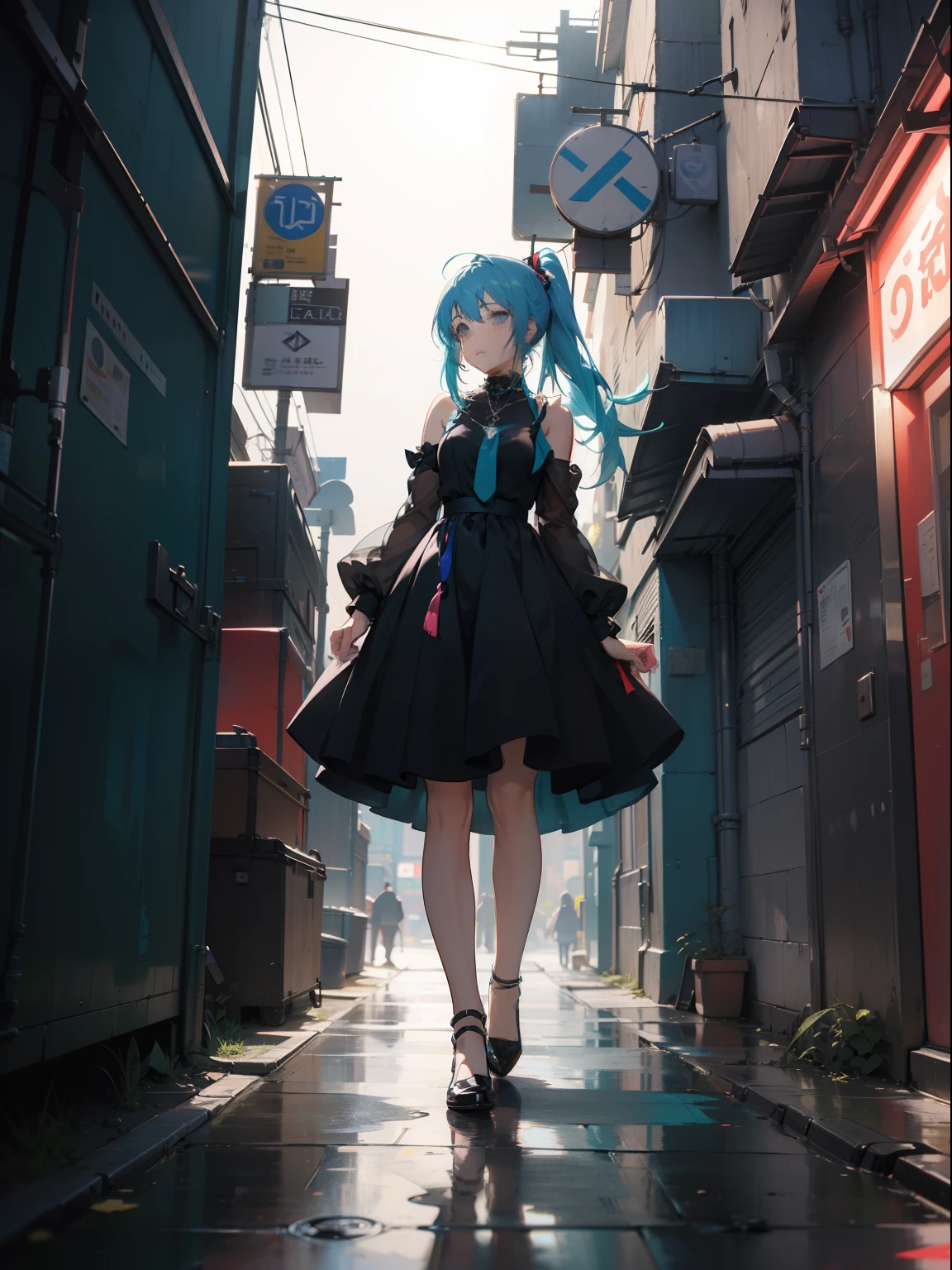 A woman with blue hair and a black dress stood in a narrow alley，Lateral ponytail，Designer clothes，Anime 4K Style，anime girl with teal hair，trending on artstation pixiv，Cyberpunk anime girl，cute anime waifu in a nice dress，anime moe art style，High quality anime art style，Anime style。8K anime art wall。