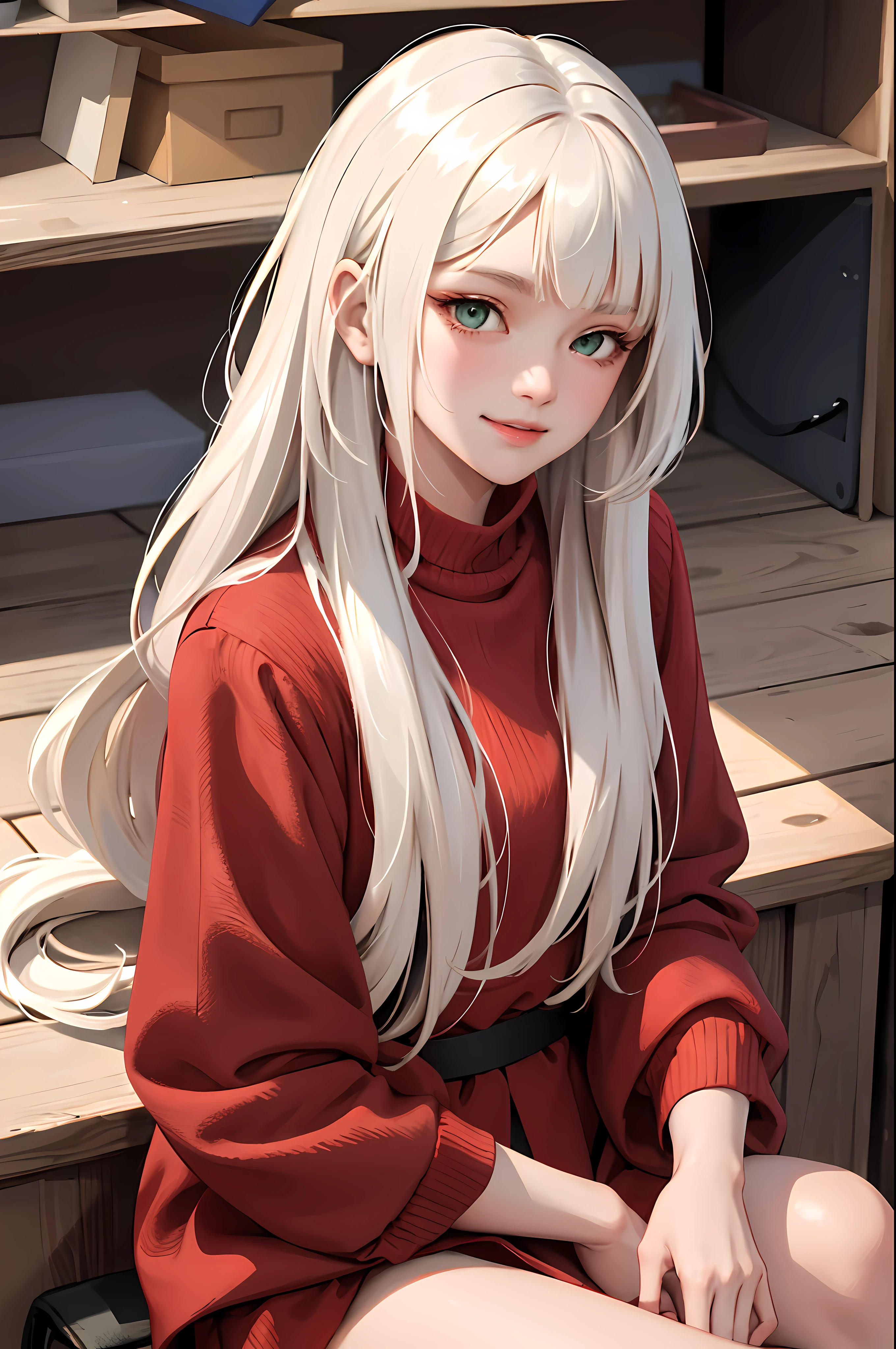 (masterpiece:1.2, best quality), (real picture, intricate details), 1lady, solo, upper body, sitting down, sitting on ground, casual, long hair, minimal makeup, natural fabrics, close-up face, happy, smiling, really long light platinum blonde hair, really long hair, bangs, voluminous hair, green eyes, red clothing, cute clothing, teen, teen girl, teen body, red clothing, fire nation clothing, bangs on forehead, Korean bangs, cute bangs, teen body, 1teen, 1 female, 1teen girl, 1teenager