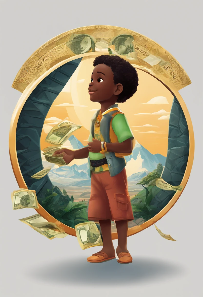 masterpiece of (a black boy), best quality, absurd, money element, mountains of cryptocurrency etereum, africa, sunny day, colorful, fantasy, black wooden creations, (floating money notes: 1.3), (creations from15 to 16 years: 1.1) (crescent: 1.15), Dutch angle, (white background: 1), full body, tachi-e