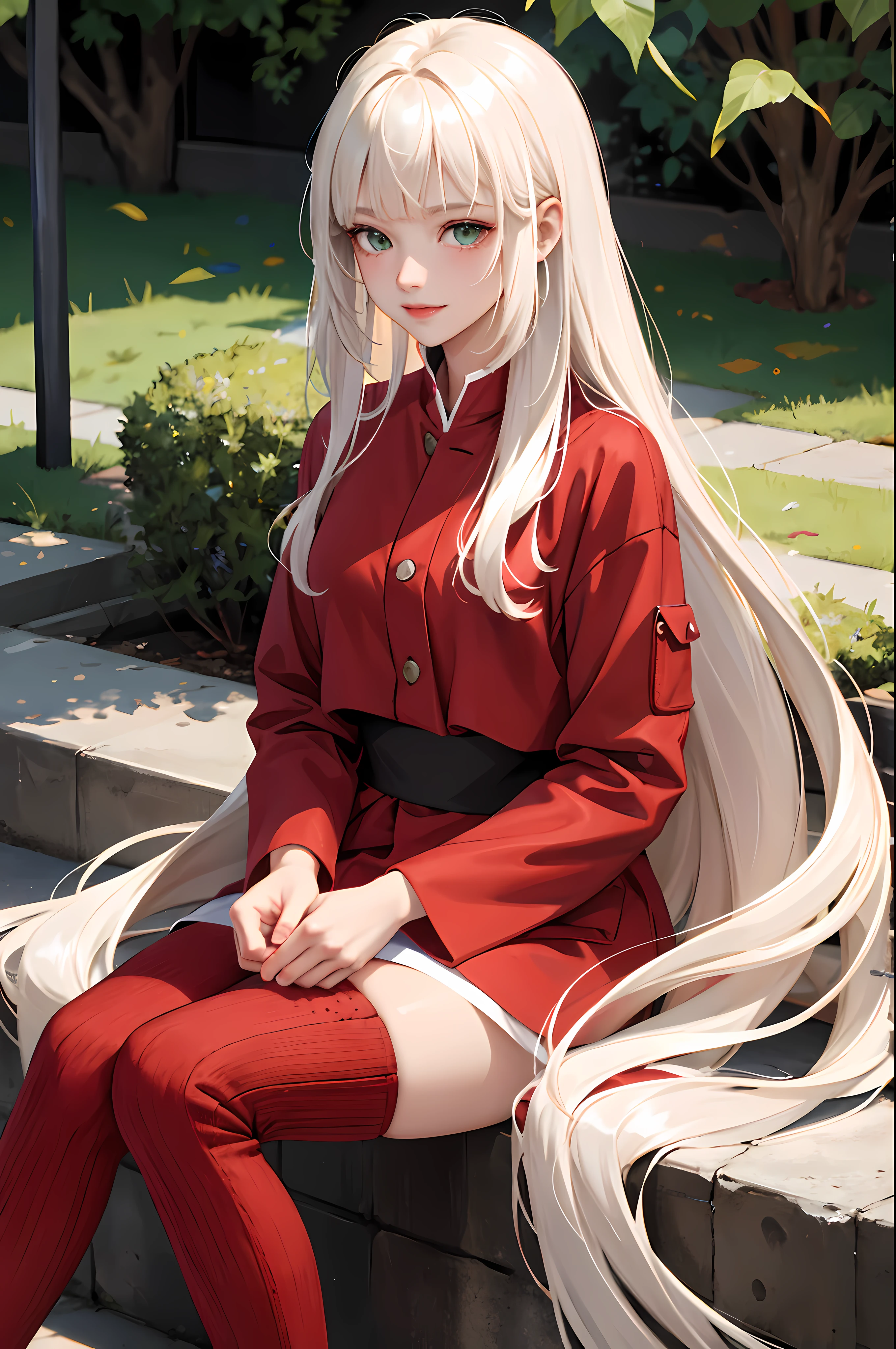 (masterpiece:1.2, best quality), (real picture, intricate details), 1lady, solo, upper body, sitting down, sitting on ground, casual, long hair, minimal makeup, natural fabrics, close-up face, happy, smiling, really long light platinum blonde hair, really long hair, bangs, voluminous hair, green eyes, red clothing, cute clothing, teen, teen girl, teen body, red clothing, fire nation clothing, bangs on forehead, Korean bangs, cute bangs, teen body, 1teen, 1 female, 1teen girl, 1teenager