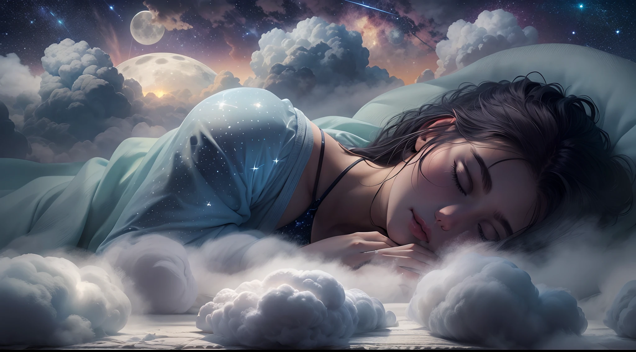 There is a woman laying on a cloud covered bed in the sky - SeaArt AI