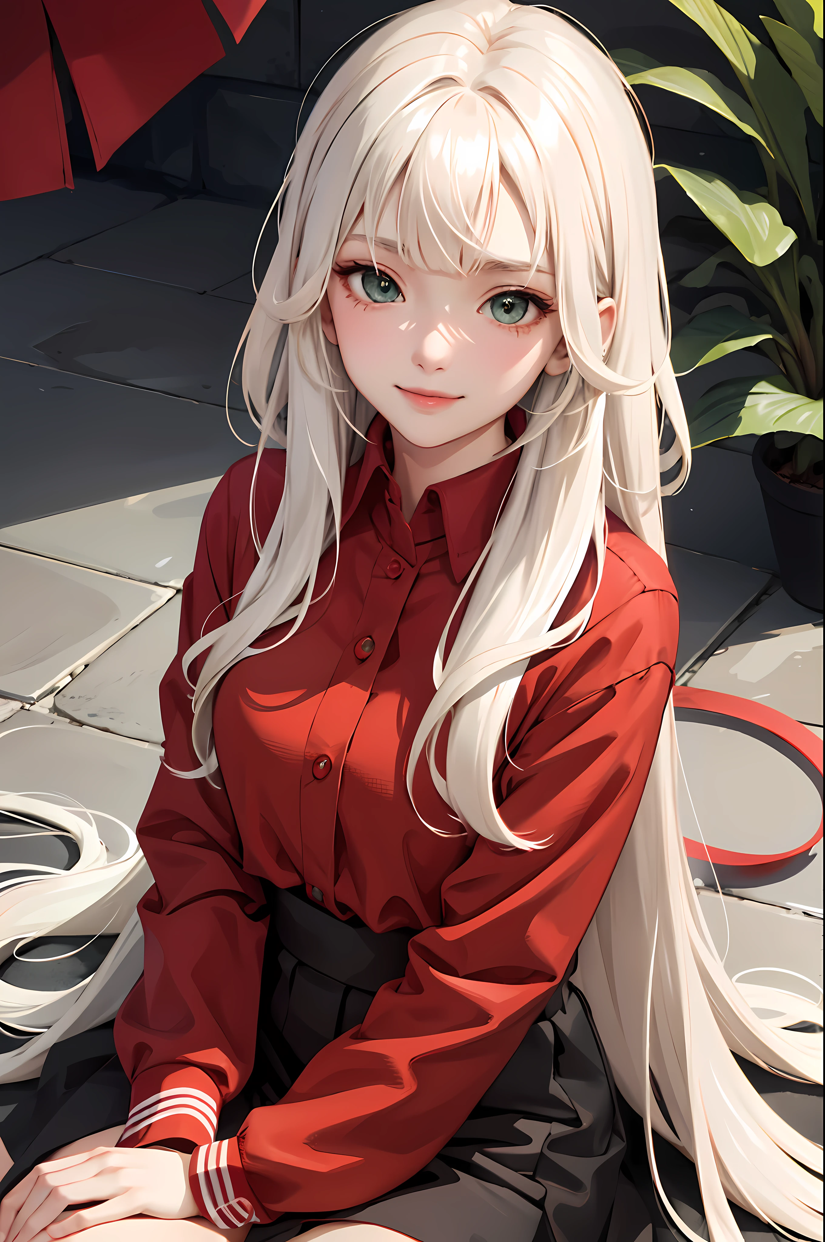 (masterpiece:1.2, best quality), (real picture, intricate details), 1lady, solo, upper body, sitting down, sitting on ground, casual, long hair, minimal makeup, natural fabrics, close-up face, happy, smiling, really long light platinum blonde hair, really long hair, bangs, voluminous hair, green eyes, red clothing, cute clothing, teen, teen girl, teen body, red clothing, fire nation clothing, bangs on forehead, Korean bangs, cute bangs, teen body, 1teen, 1 female, 1teen girl, 1teenager