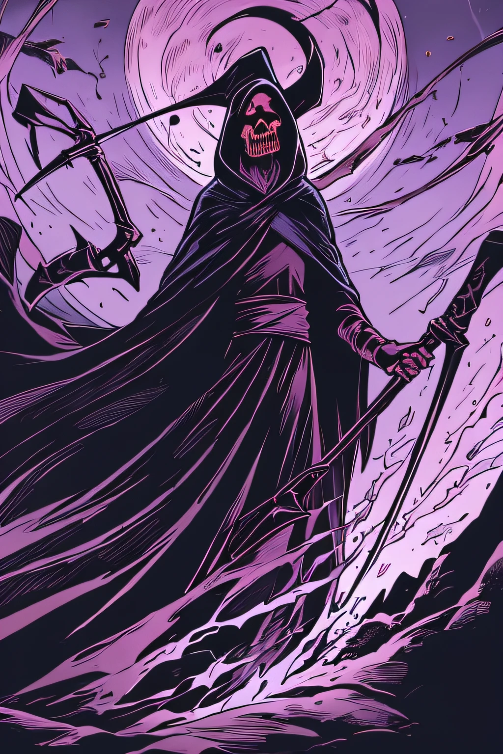 Grim Reaper with a Giant Scythe in Hell、Purple costume、Black Flame