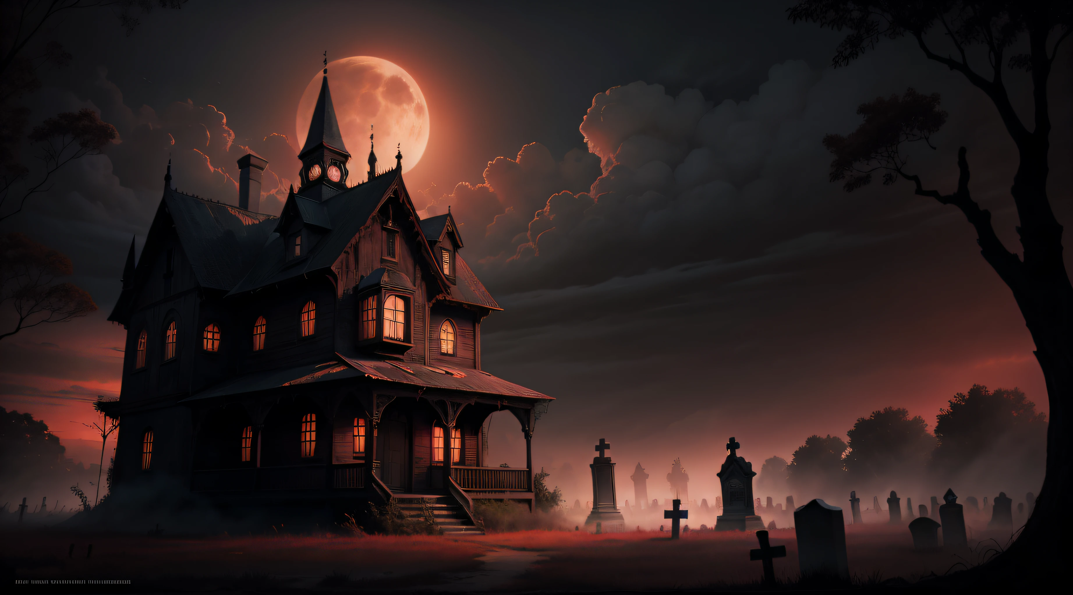 capa de livro de terror, Abandoned wooden Gothic house with a cemetery, lua cheia, atmosfera assustadora, dia das bruxas, red skies