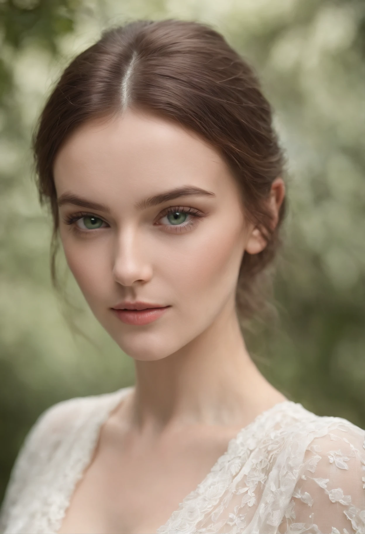 Beautyful British young Woman wearing a Semitransparent White Blouse,Boobs size 450 CC, Green Eyes, Intricate Details, Masterpiece, Divine Beauty, Photo Taken with an iPhone 14 Pro, Ultra Realistic Photo,