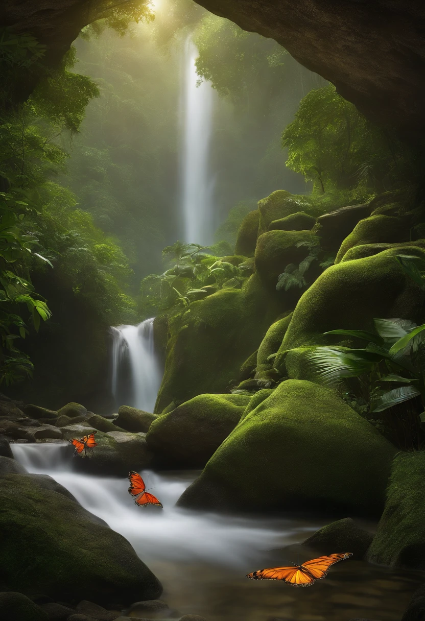 (best quality,4k,highres,masterpiece:1.2),ultra-detailed,(realistic:1.37) 
Illustration,Niji,Amazonian Environment,waterfalls,sunshine,gentle and clear,
butterflies,dragonflies,camera-focused,jaguars resting inside the cave,waterfall mist, lush green foliage,jungle ambiance,calm and serene atmosphere,
moss-covered rocks,intricate details of the jungle plants,flora and fauna in harmony,subtle sunlight filtering through the trees,
vibrant and vibrant colors lush vegetation,unique atmosphere of the Amazon rainforest,magnificent waterfalls cascading down,peaceful and relaxing scene,harmonious interaction between nature and wildlife,
the sound of flowing water singing in the background,delicate wings of butterflies and dragonflies,playful dance in the air,
the mystery and tranquility of the hidden cave,jaguars resting in peaceful sleep,slight movement of their breathing,lush green moss,
subtle rays of light illuminating the dark cave,captivating beauty of the surrounding environment,
a captivating illustration of the Amazon rainforest,bringing the viewer into a magical and serene world,
immersing them in the wonders of nature.