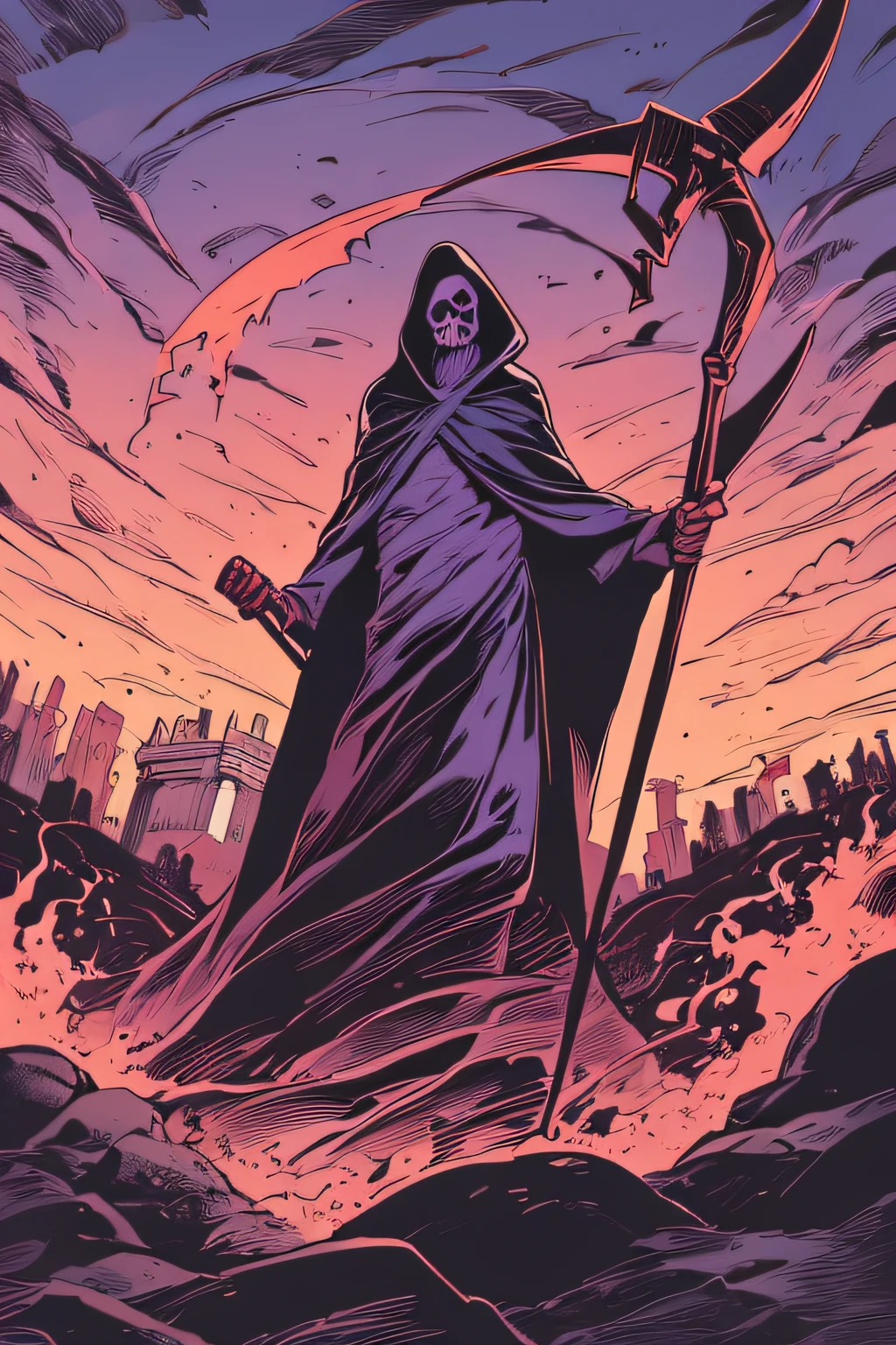 Grim Reaper with a Giant Scythe、Purple costume、castle in background、Bright red flame