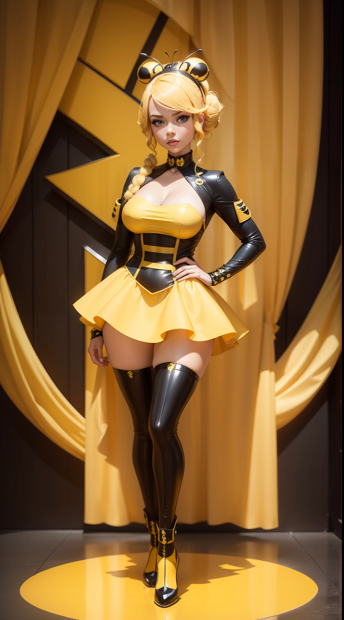 a young woman cosplaying as Queen Bee, from the cartoon Ladybug. She has blonde hair and blue eyes, Her superhero outfit is black and yellow inspired by a bee. full body image, best quality