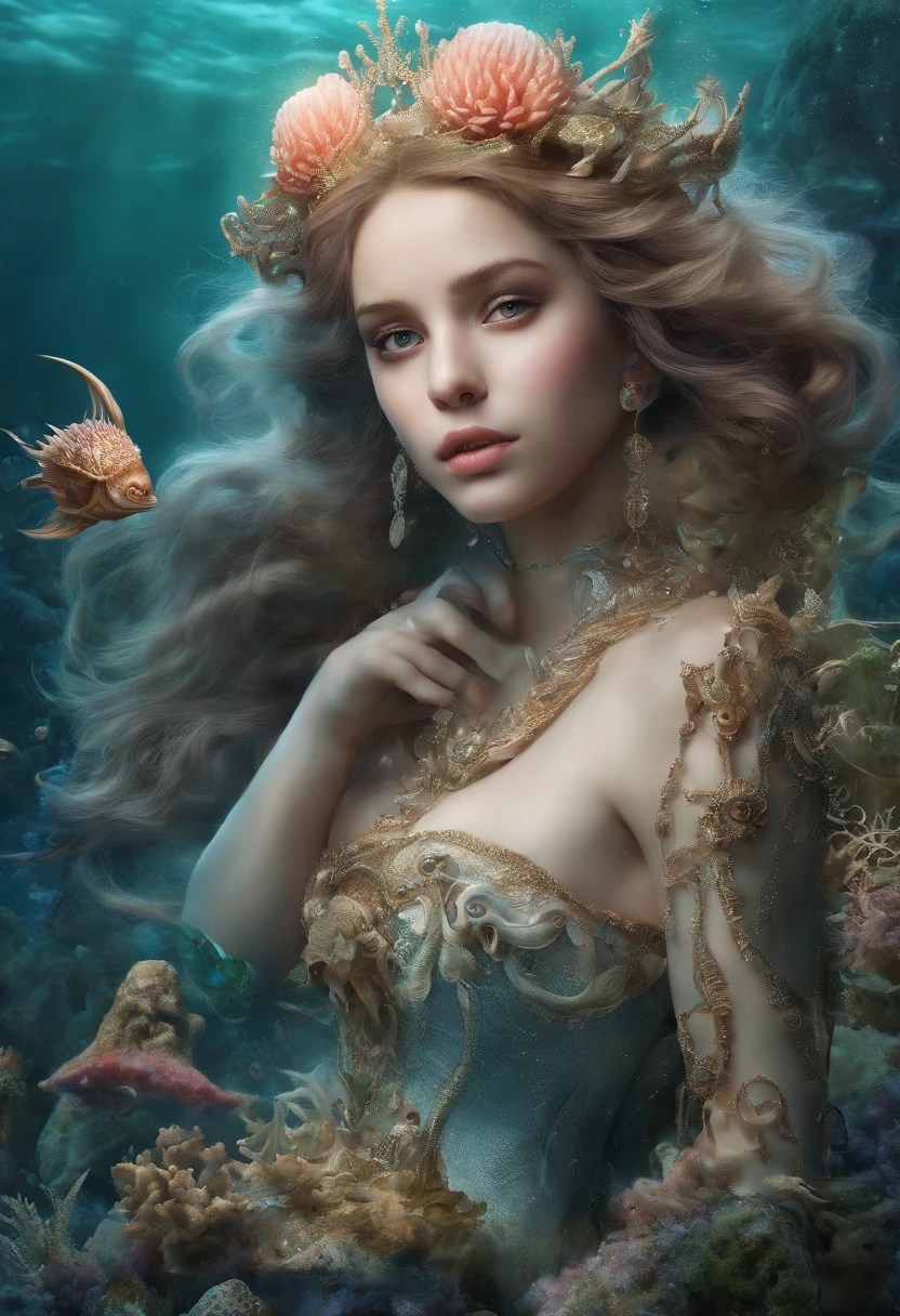 Creating a Surreal Artwork with Little Mermaid as the Main Figure: Title: "Metaphysical Little Mermaid" Specifications: Size: Full figure, sharp, high definition (HD). Style: surrealist, refined and with many details. Background: 3D, majestic and laced with fantastic marine elements. Face: The Little Mermaid's face must be flawless, with soft, bright and delicate features. Details: Intricate, detailed accents of shells, coral, algae and modified sea creatures. Atmosphere: Making the image ethereal, magical and evocative, capturing both aquatic existence and a dreamlike dimension.