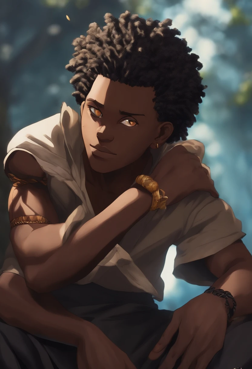 personagem jovem negro, 15 anos, anime. estilo jujutsu kaisen,  Typical African costumes costumes, hero pose, stone right arm