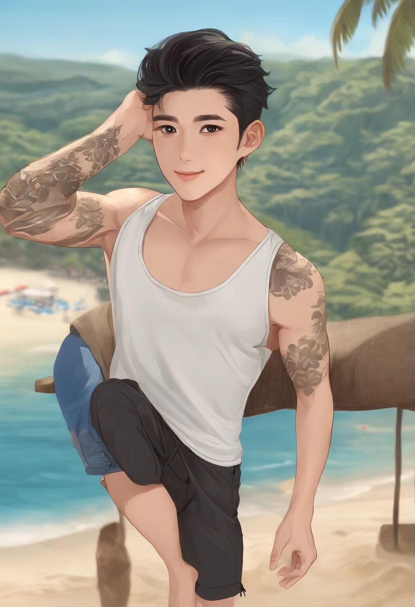 (realistic:1.3), insane detailed, quality, (masterpiece:1.2), (photorealistic:1.2), (best quality), (detailed skin:1.3), (intricate details), ((full body)), (((1guy)), (((1 person))), 20 years old, Asian face, 169cm, black hair, two-block hairstyles, black eyes, short hair, smile, on the Beach, Hawaii, hawaii-shirt, short pants, (background blurred),