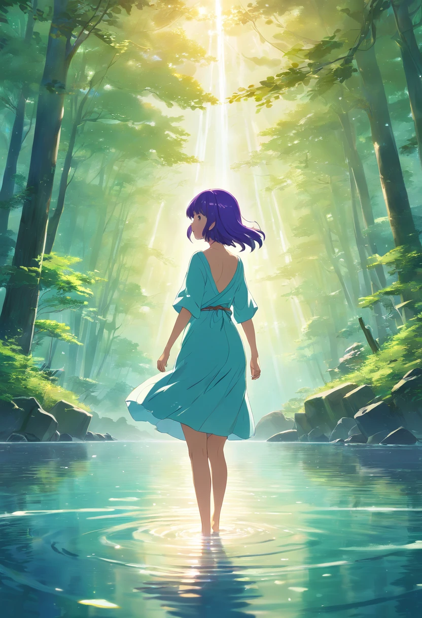 (best quality,4k,8k,highres,masterpiece:1.2),ultra-detailed,(realistic,photorealistic,photo-realistic:1.37),Female,Little clothing,Lake background,purple hair,Magic,illustration,sparkling water,surreal environment,vibrant colors,ethereal lighting,flowing dress,curly hair,enchanted atmosphere,water reflections,floating petals,enchanted forest,ethereal beauty,magical aura,dreamlike setting,soft waves,mystical experience,serene ambiance,whimsical elements