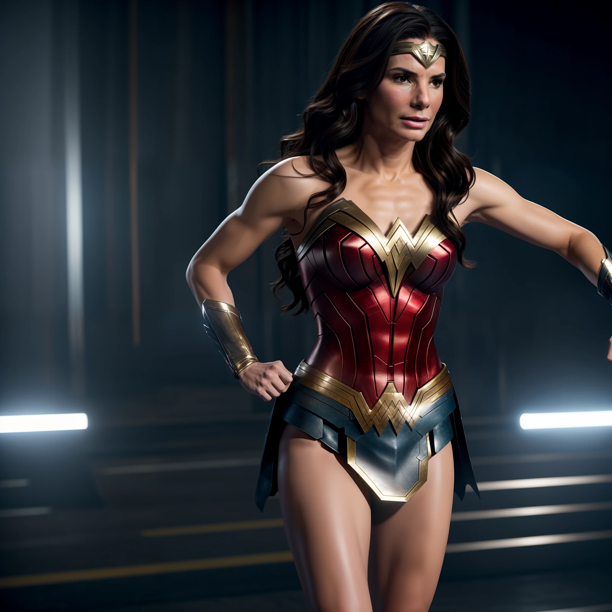 Sandra Bullock dressed as Wonder Woman, full body, hyper realistic, 4k cinematic quality
