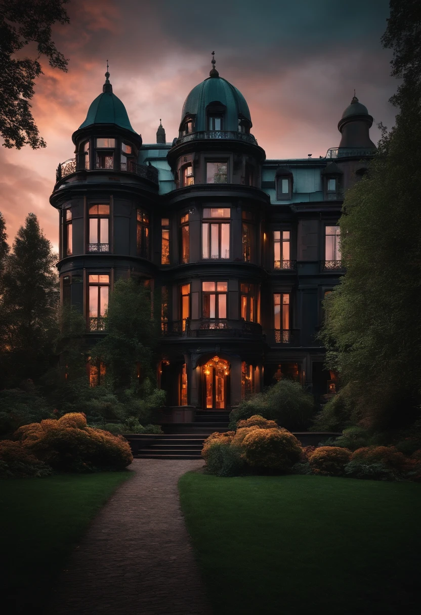 A wild, dark and eerie setting with a modern mansion in the center