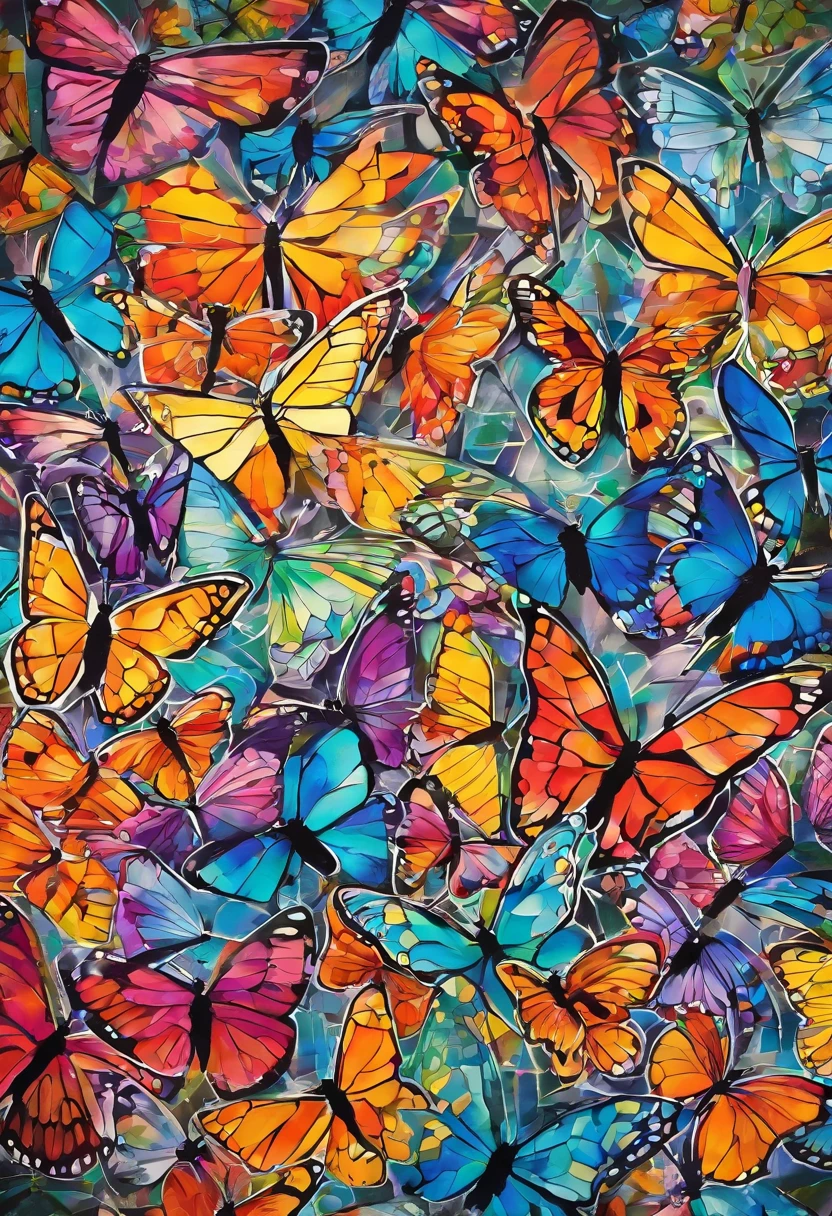 Butterflies spread their wings, Inspired by illustrations by Frankishek Kupka, shutter inventory, panfuturism, butterfly pop art, Butterfly, stained glass wings, transparent marble butterfly, Transparent wings, Translucent wings, harmony of butterfly, Butterfly wings, photo of a mechanical butterfly, In the style of flat illustration, iridescent wings