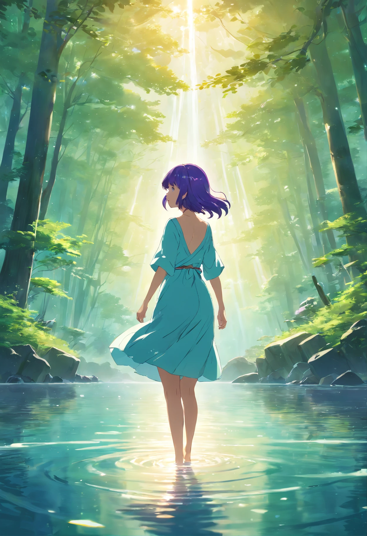 (best quality,4k,8k,highres,masterpiece:1.2),ultra-detailed,(realistic,photorealistic,photo-realistic:1.37),Female,Little clothing,Lake background,purple hair,Magic,illustration,sparkling water,surreal environment,vibrant colors,ethereal lighting,flowing dress,curly hair,enchanted atmosphere,water reflections,floating petals,enchanted forest,ethereal beauty,magical aura,dreamlike setting,soft waves,mystical experience,serene ambiance,whimsical elements