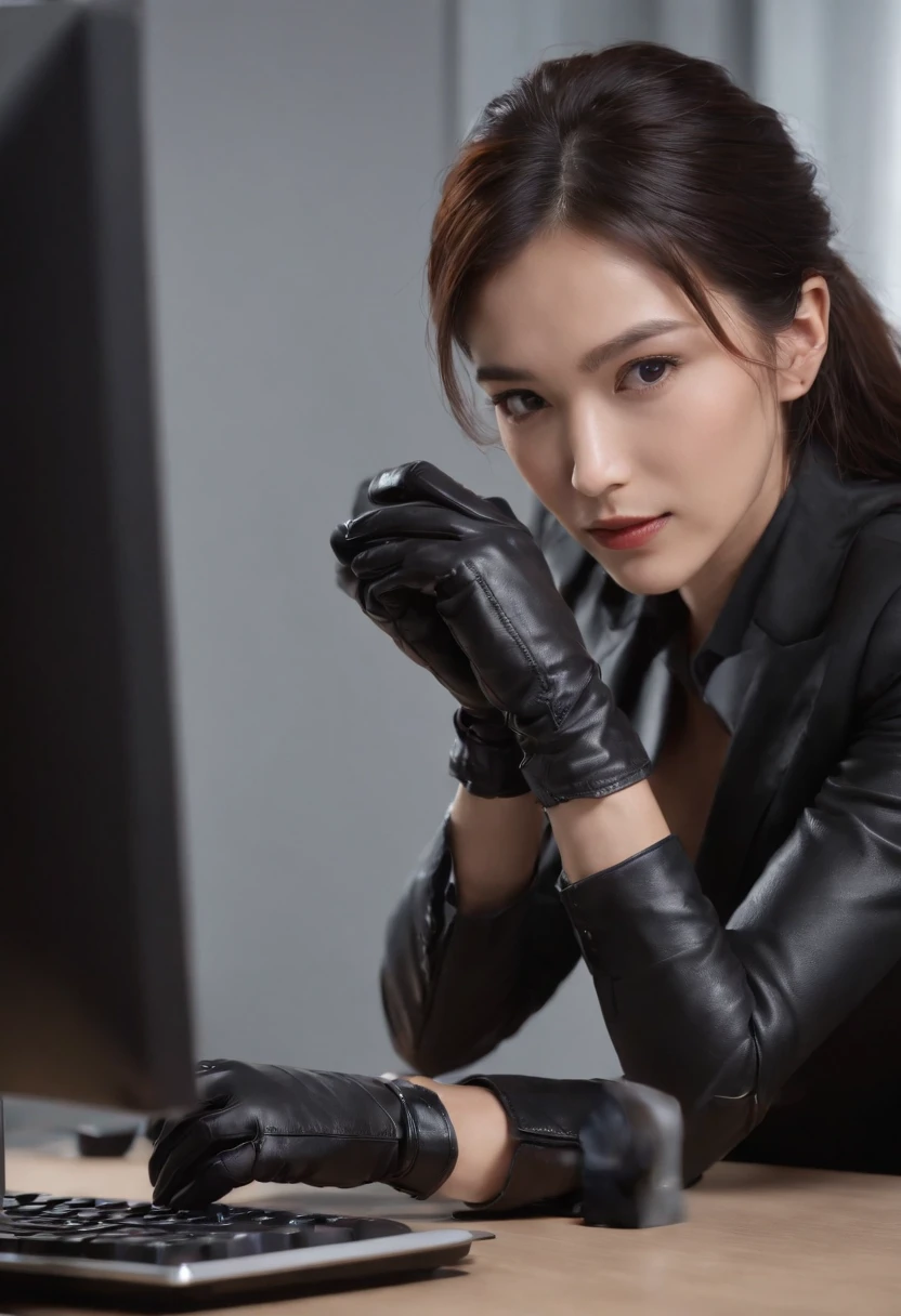 Wearing black leather gloves in both hands, upper body, black business suit, facing the desk in my room with a computer in the dark, tapping the keys of the computer keyboard with the fingertips of black leather gloves while looking at the screen, black hair bundled in the back for a long time, Japanese female new employee (black leather gloves cover both hands) (angle is in the front)