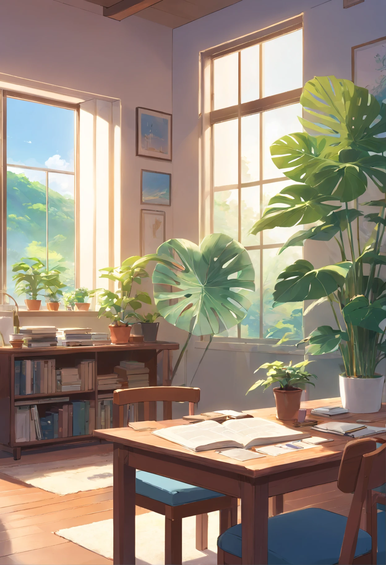 In a large bright living room，carding、one book holy bible on the table minimalist style，In the middle is a large pot of white monstera