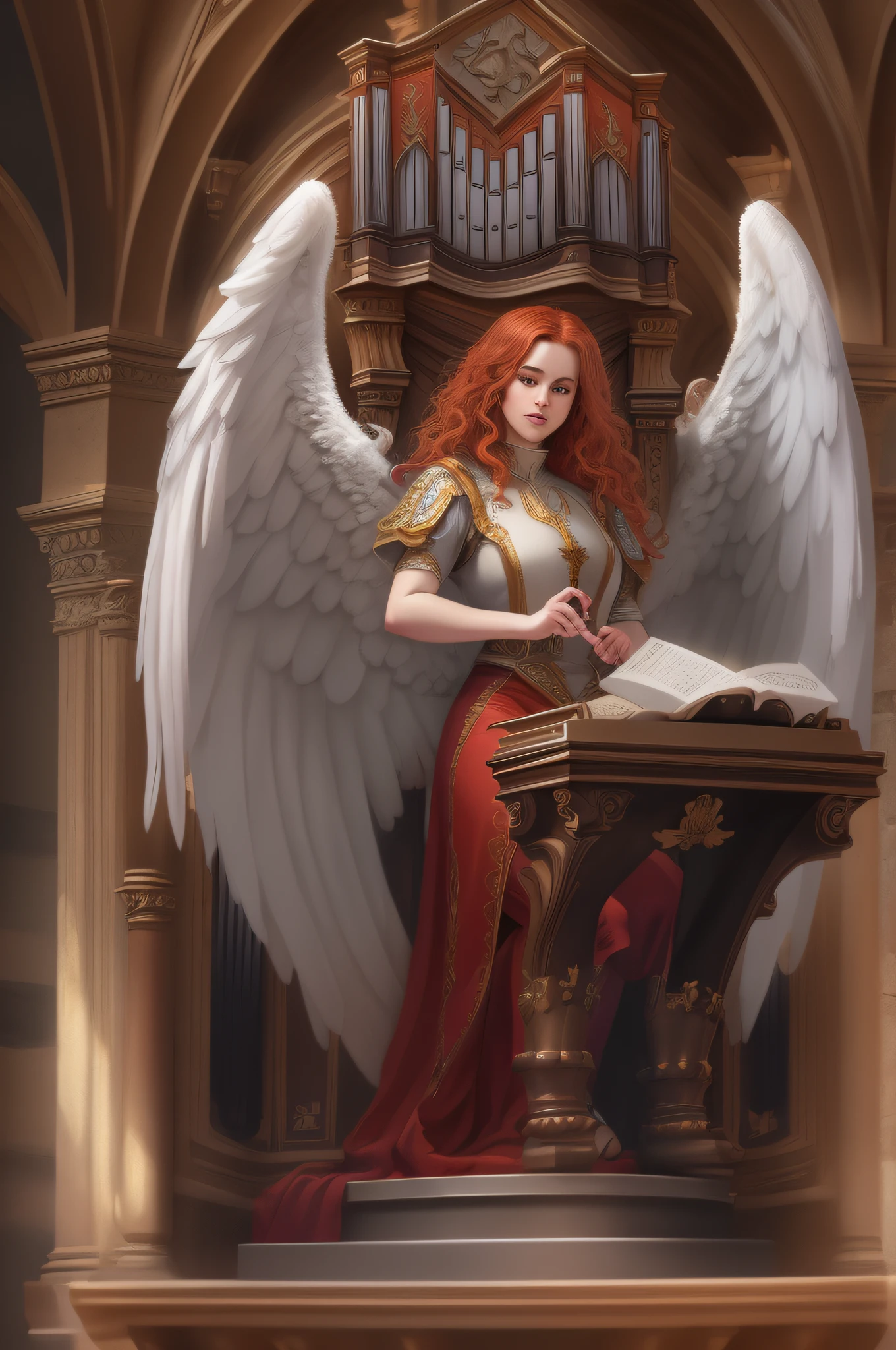 a picture of a female angel playing the pipe organ in church, a beautiful female angel, full body shot, ultra detailed face, ultra feminine, spread angelic wings,  red hair, wavy hair, dynamic eyes color, dynamic divine clothing, atmosphere of serenity, divine atmosphere playing pipe organ in church, catholic church background, fantasy art, RPG art, best details, best quality, 16K, [ultra detailed], masterpiece, best quality, (ultra detailed), full body, ultra wide shot, photorealistic