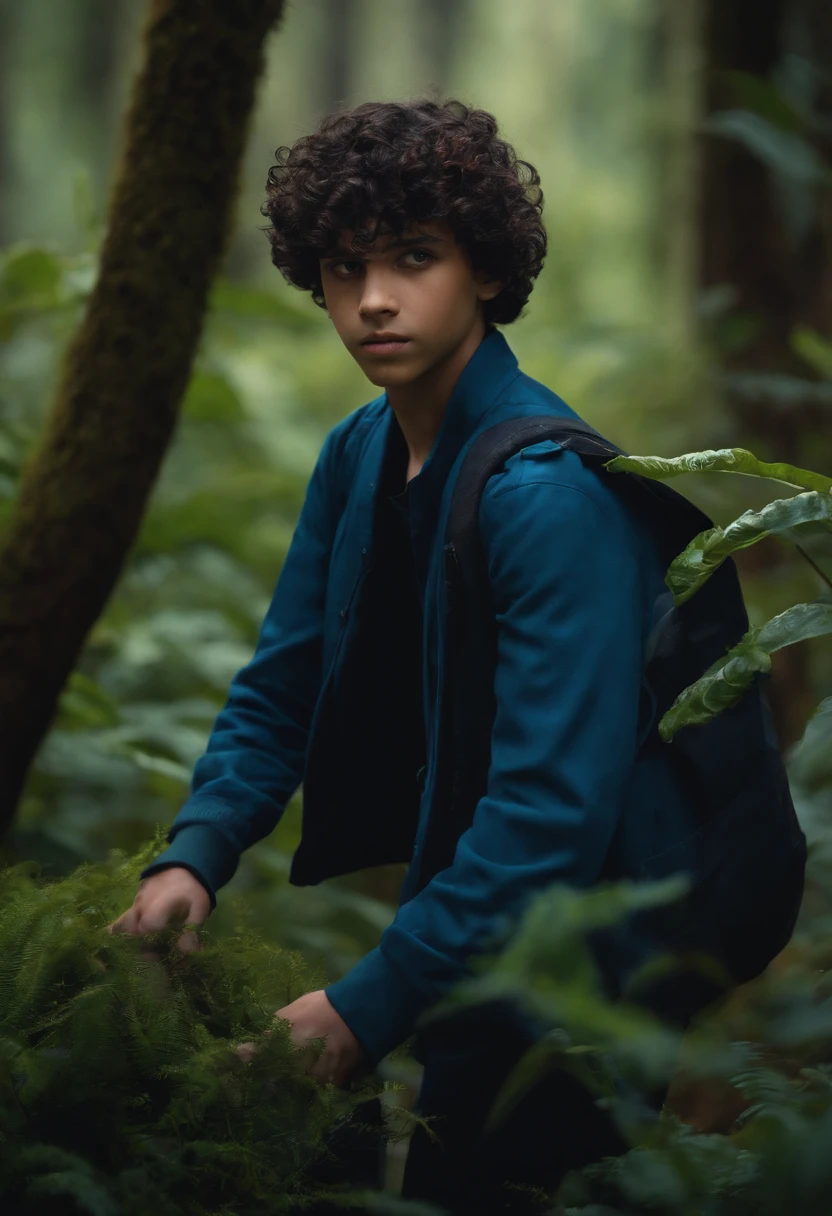 BOY, CURLY HAIR, BLACK HAIR, BLUE CLOTHES, FIGHTING CARNIVORING PLANTS, FOREST SETTING