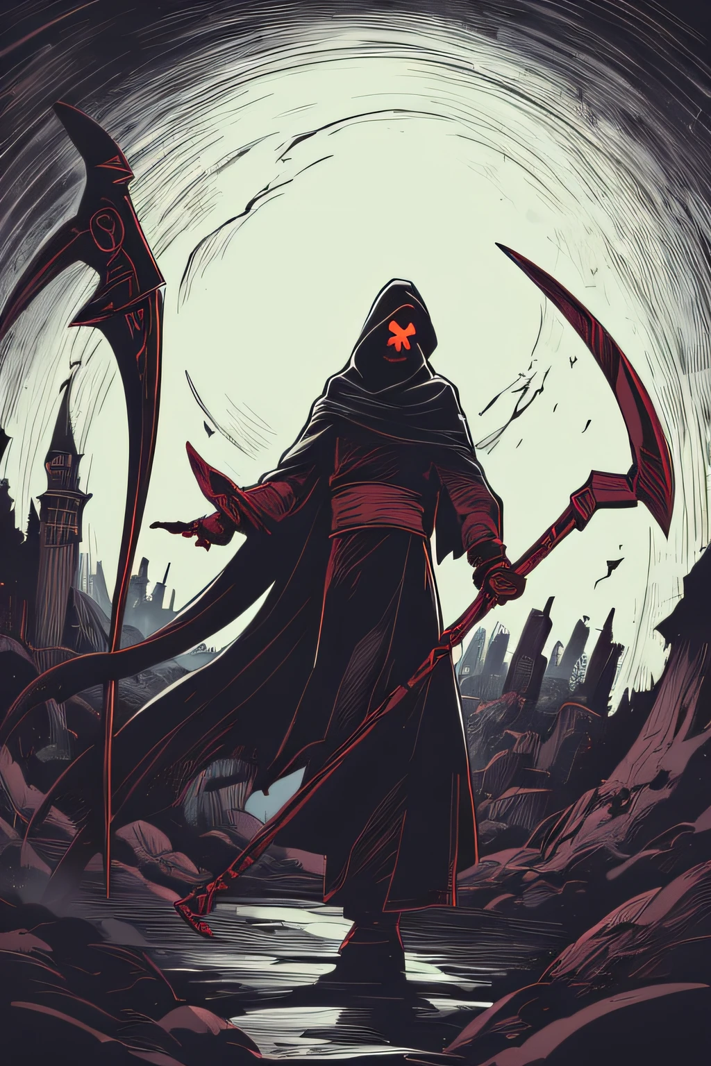 Grim Reaper with a Giant Scythe、Mass scythe、Viola、castle in background、loimu