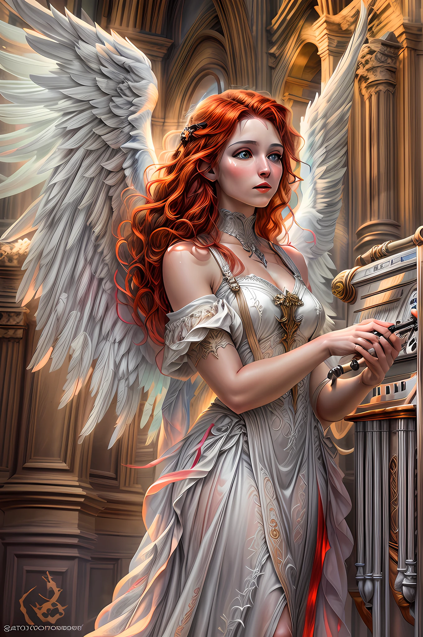 a picture of a female angel playing the pipe organ in church, a beautiful female angel, full body shot, ultra detailed face, ultra feminine, angel_wings spread angelic wings, red hair, wavy hair, dynamic eyes color, dynamic divine clothing, atmosphere of serenity, divine atmosphere playing pipe organ in church, catholic church background, fantasy art, RPG art, best details, best quality, 16K, [ultra detailed], masterpiece, best quality, (ultra detailed), full body, ultra wide shot, photorealistic
