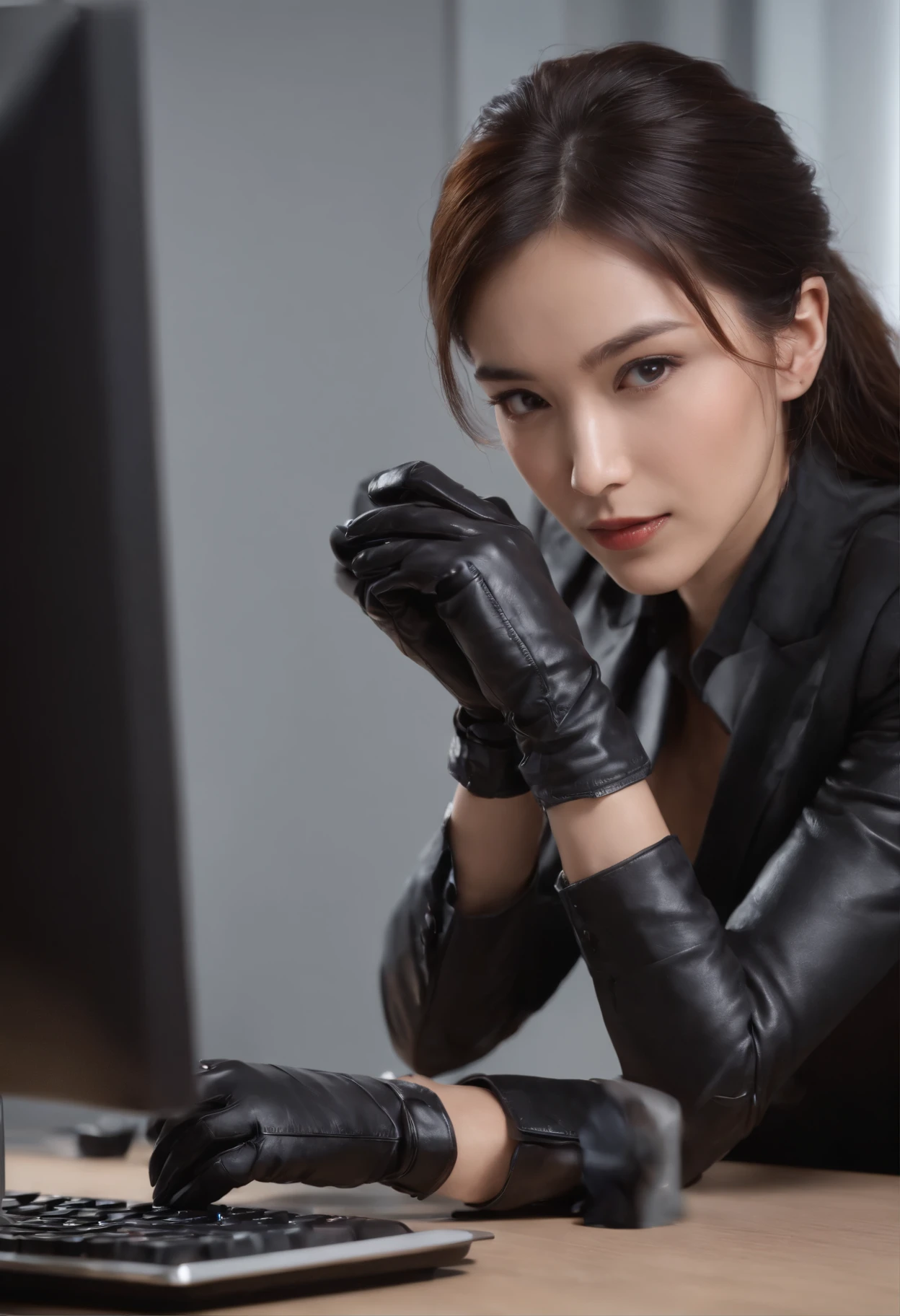 Wearing black leather gloves in both hands, upper body, black business suit, facing the desk in my room with a computer in the dark, tapping the keys of the computer keyboard with the fingertips of black leather gloves while looking at the screen, black hair bundled in the back for a long time, Japanese female new employee (black leather gloves cover both hands) (angle is in the front)