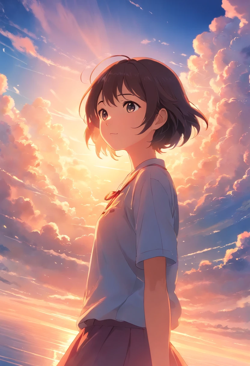 masterpiece, best quality, movie still, 1girl, cloud girl, floating in the sky, close-up, bright, happy, warm soft lighting, sunset, (sparks:0.7)