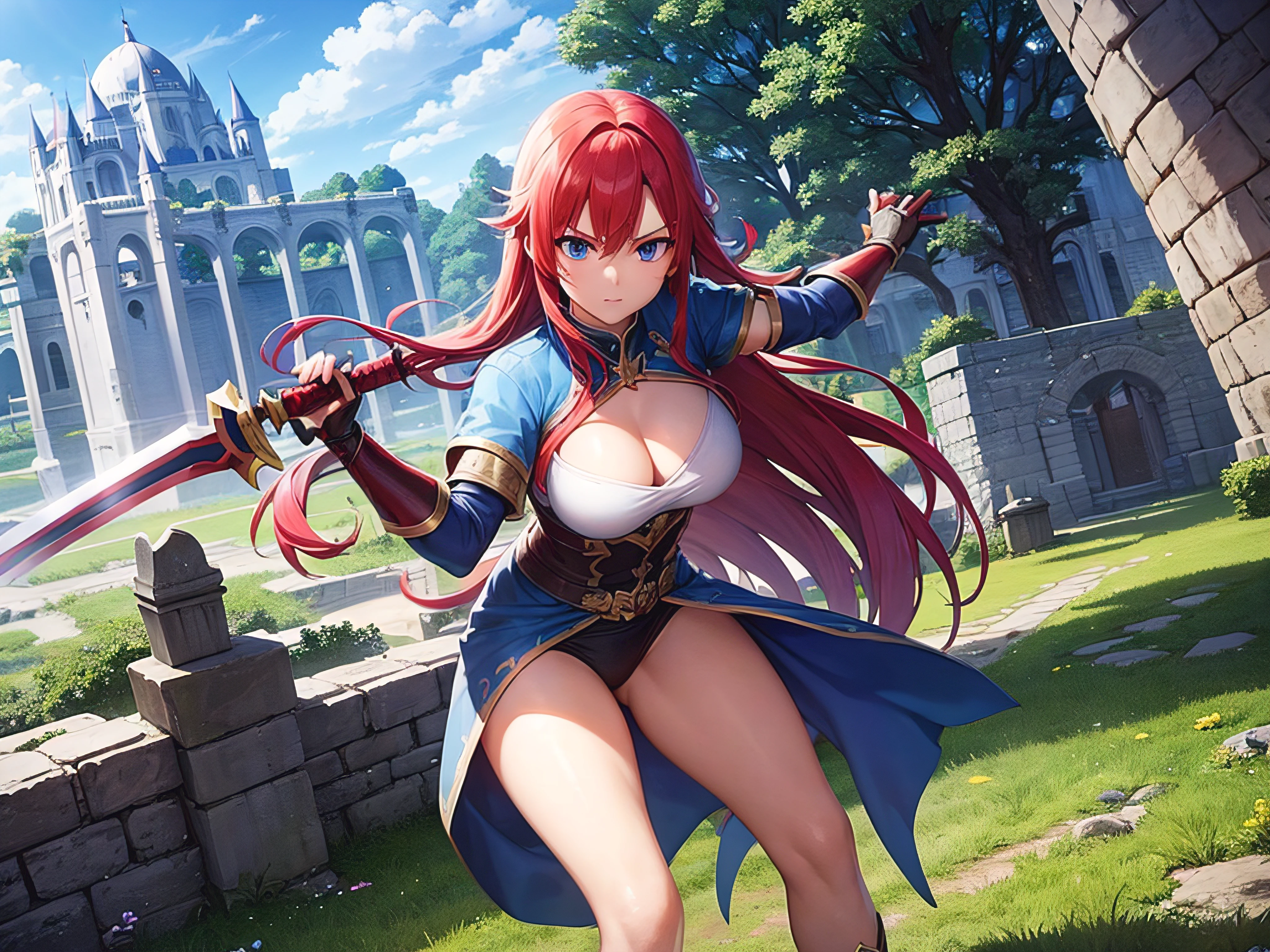 Make a blue-eyed red-haired amazon in a warrior outfit unleashing a super magic from her sword against a gorgeous warrior ninja in a castle ruins, cores vibrantes, contraste e brilho perfeito, estilo cinema, 16k, super atraente