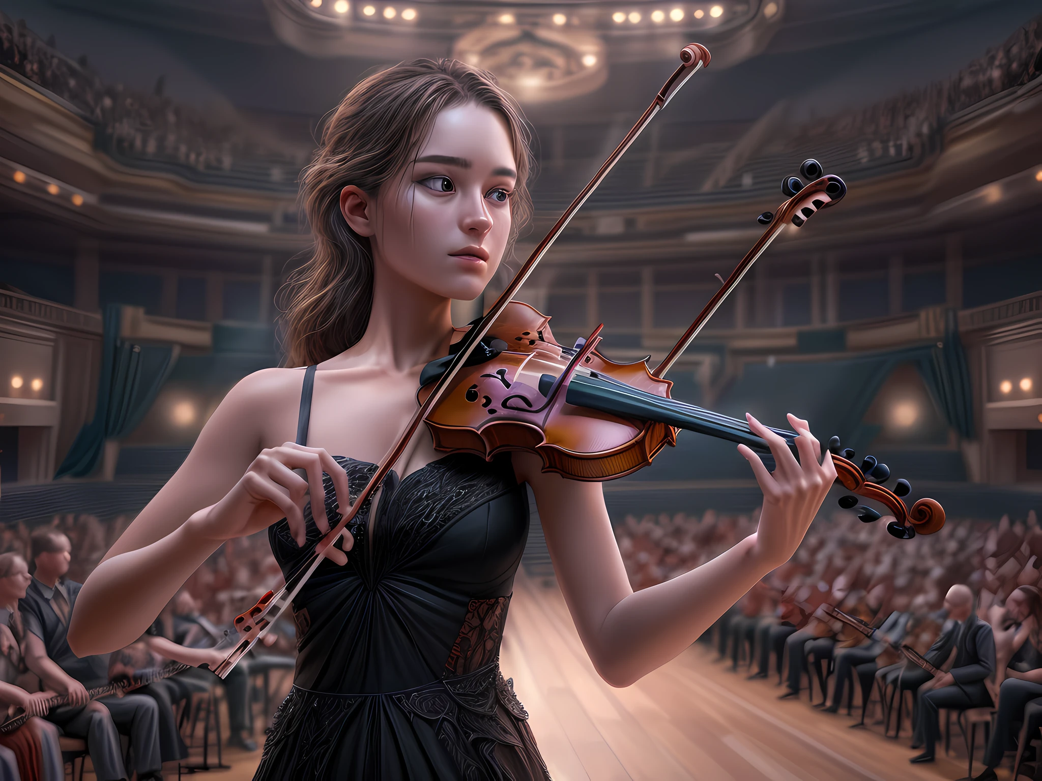 high details, best quality, 16k, [ultra detailed], masterpiece, best quality, (extremely detailed), full body, ultra wide shot, photorealistic, RAW,  realistic art, octane rendering, an ultra wide, full body, a picture  of a human female  (1.5 intricate details, Masterpiece, best quality) violinist,  playing a (violin: 1.5)  and enchanting people in a concert hall, black evening dress, epic beautiful female human [[anatomically correct]]  violinist (1.5 intricate details, Masterpiece, best quality), dynamic hair, concert hall full of crowd, many people (1.5 intricate details, Masterpiece, best quality), concert hall background, 2.5D rendering