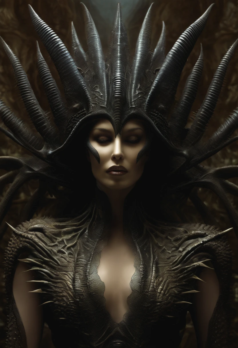 A prickly, faceless alien woman, /estilo H.G. giger