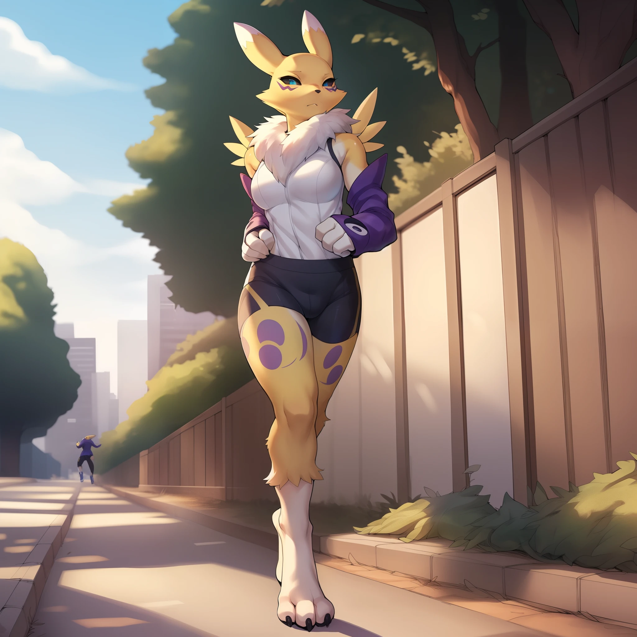 By gudlmok99, by sleepiness18, by fumiko, renamon, wearing black athletic clothing, jogging in a park, solo:1.2, full body shot