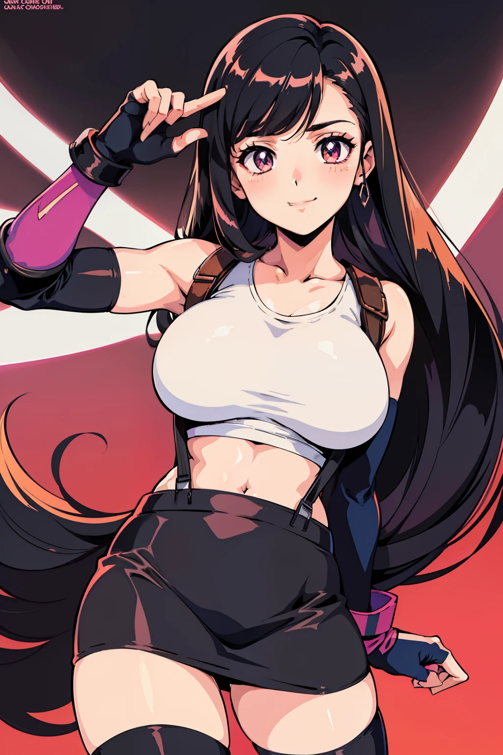 (flat color:1.2), vivid colors, best quality, high resolution, solo, city, (huge breasts:1.3), retro anime, sharp, Defined lines, Detailed, makeup, Beautiful face, gorgeous eyes, smile, defTifa, white crop top, elbow pad, fingerless gloves, suspenders, pencil skirt, black thigh highs, neontrim, neon lights