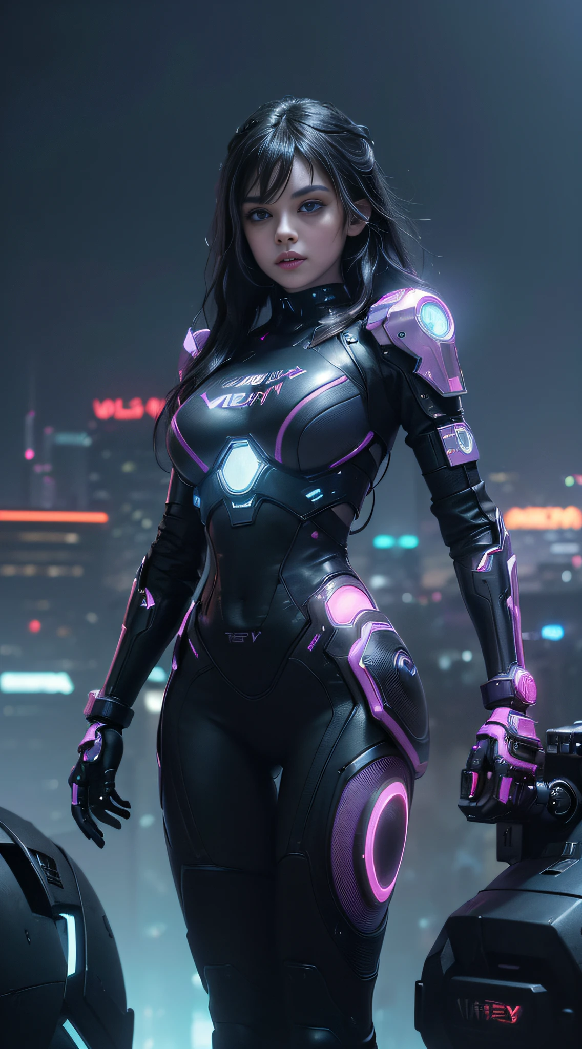 Best image quality, Masterpiece, Ultra-high resolution, (Fidelity:1.4), Photo, Movie, ((cyber punk personage)), Preteen fairy goth robot, Mila Kunis, black wavy hair with blue and purple neon lighting, cyber outfit, Futuristic, ((Award-winning ultra-realistic photos)),(Hyper-detailing),(Complicated details),(High resolution CGI artwork 8k), a girl in Cyberpunk city,Futuristic style,There are many colors and LED light,depth of field,create depth with atmospheric lighting,wide wide shot,use atmospheric and volumetric lighting to enhance cityscape detail,illuminated by neon lights, Pastel textured colored background, Colourful, vibrant