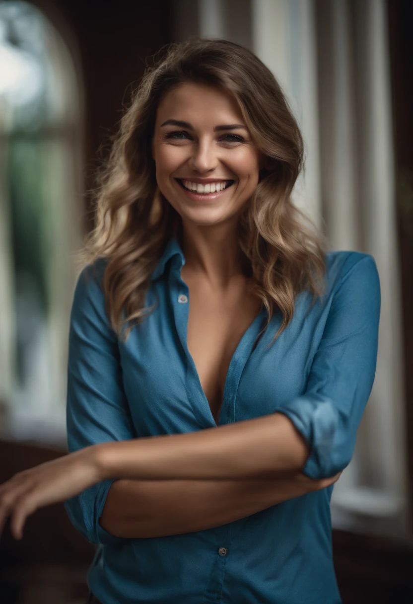 A woman in a blue shirt holds her hair up, ein Stockfoto von John Luke, Auf Shutterstock im Trend, Ereignis, Greeting hand on head, Aufgeregter Gesichtsausdruck, she is smiling and excited, Stirn zeigen, hohe Stirn, it expresses joy, Aufgeregter Gesichtsausdruck, breite Stirn, surprised expression on his face, turned his head and smiled, She smiles and is happy