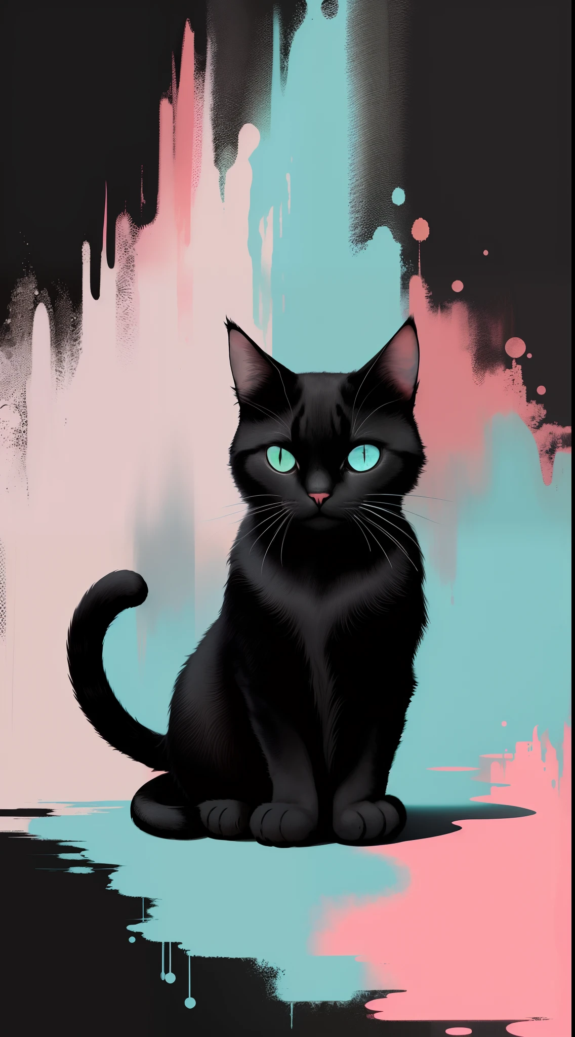 Cat in art, Narrow-eyed grooming、leisure、The main color is black, Cyan secondary color, Soft pink background, artistic, complex, Warm style, Shapes include abstract cats, Playful form, Elegant piece, Textures include、Includes coated textures, Smooth paint, Fabric texture, The lines contain beautiful lines, Natural curves, Sophisticated silhouette, Elegant shape, Visit, Expressing the, Aesthetic.