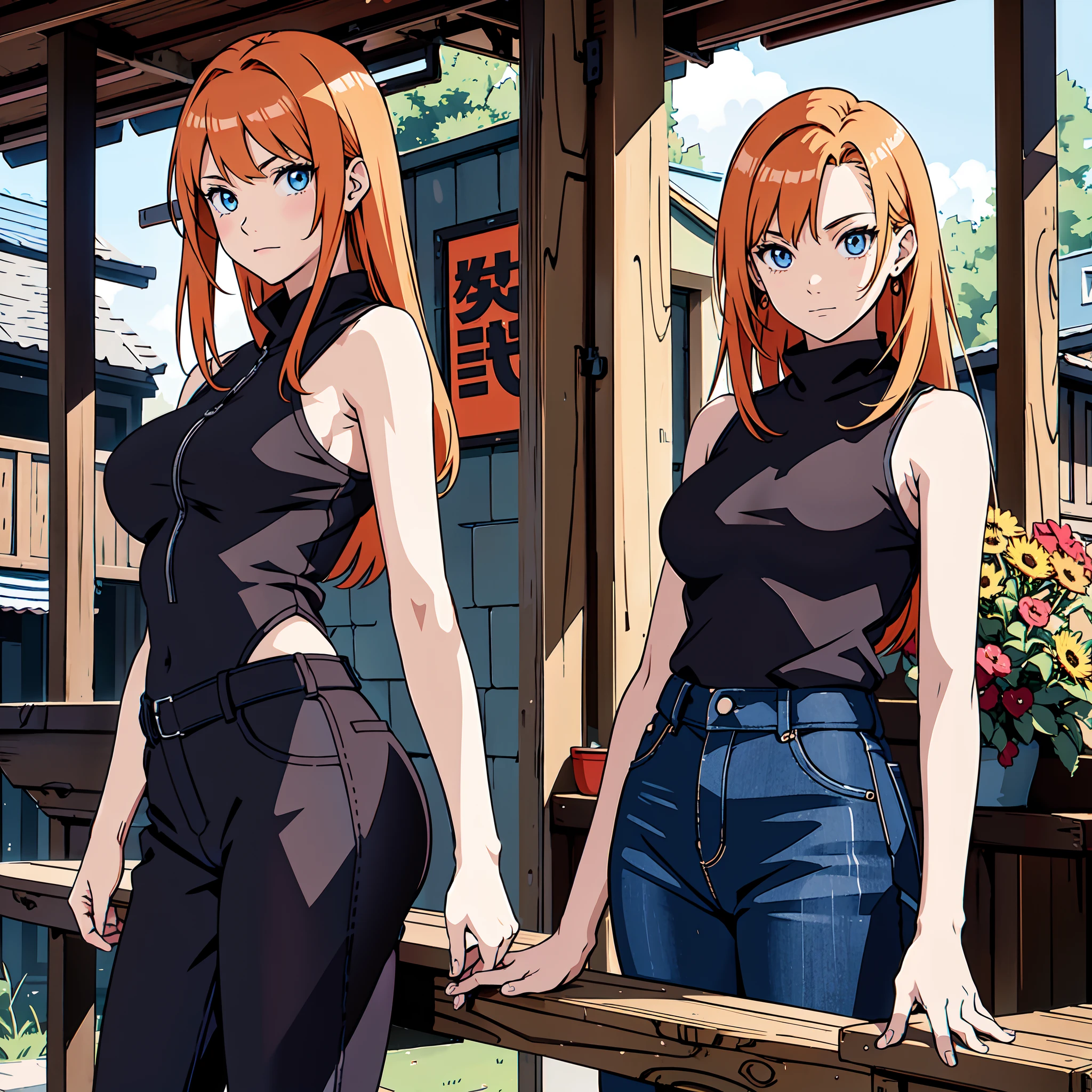 Meisterwerk,Atemberaubend realistisch,Love QualitySharpness,女の子1人,orange haare,lange haare,pferdeschwanz,braune Augen,offenes outdoor hemd,Tanktop,skinny cargo shorts,mid large breasts,big ass, full entire body,beide Arme in den Taschen,