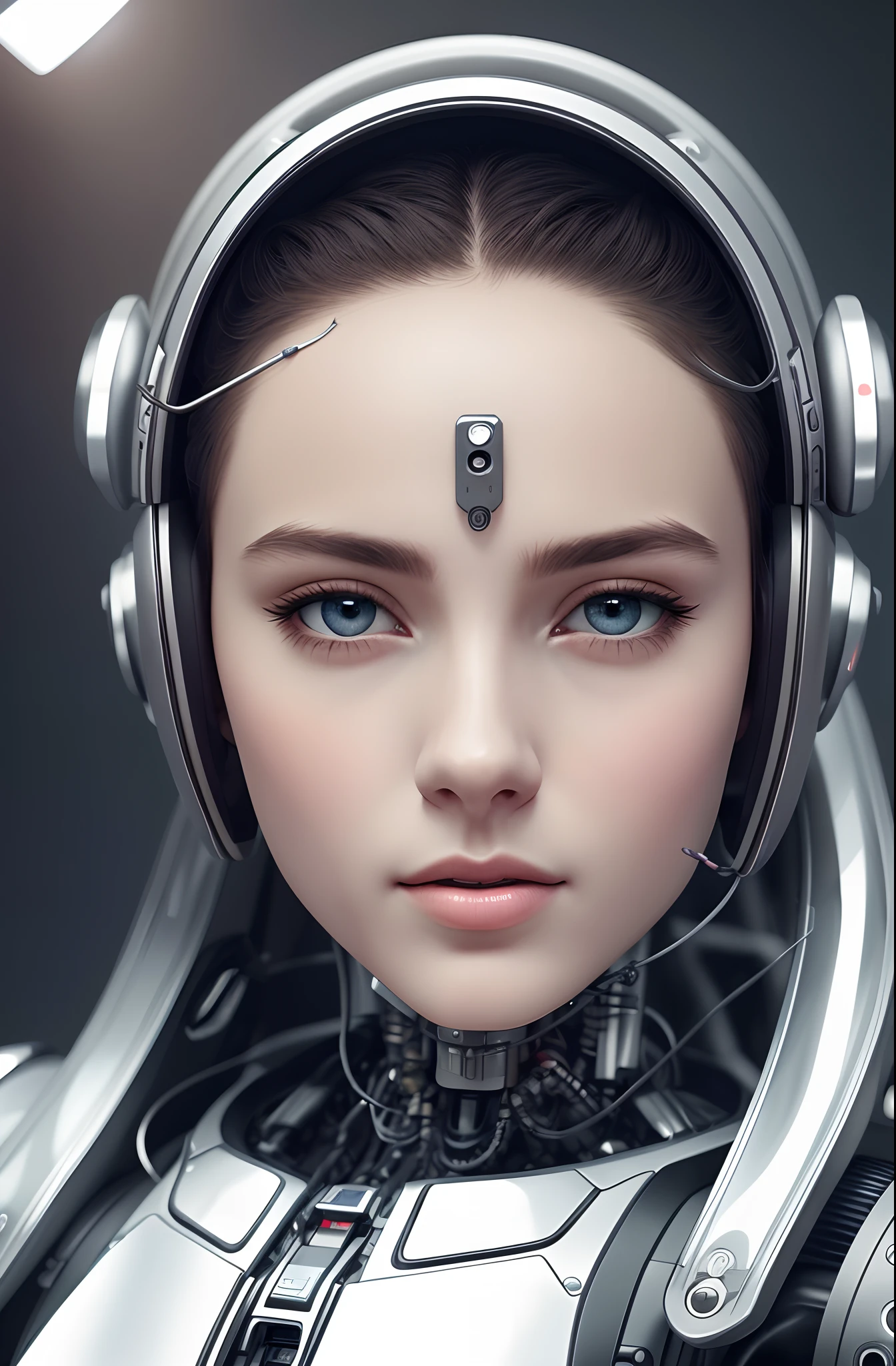 Complex 3d render ultra-detailed beautiful porcelain profile female android face, cyborg, robot parts, 150mm, beautiful studio soft lights, rim lights, vivid details, gorgeous cyberpunk, racing, surreal, anatomical , facial muscles, cable wires, microchip, elegant, beautiful background, octane rendering, HR Giger style, 8k, top quality, masterpiece, illustration, very delicate and beautiful, highly detailed, CG, uniform, wallpaper, ( Realistic, Photorealistic: 1.37), Awesome, Finely detailed, Masterpiece, Top quality, Official art, Highly detailed CG unity 8k wallpaper, Absurd, Incredibly absurd, Robot, Silver Halmet, Full body, Sitting