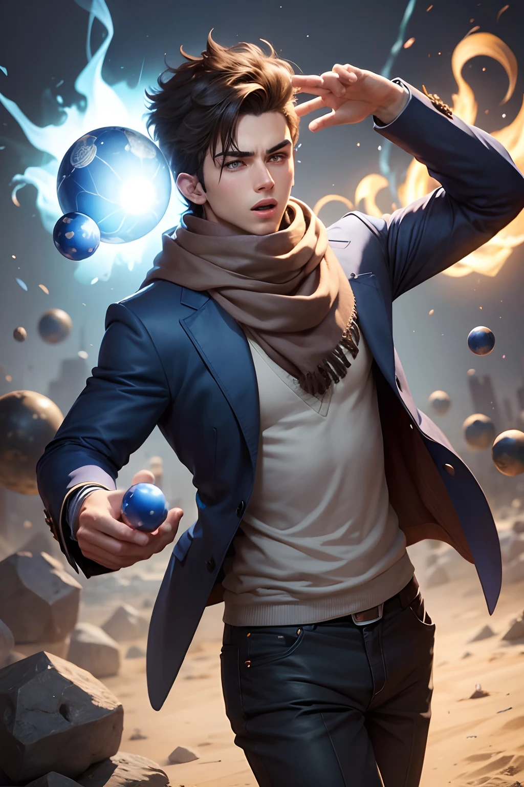 a young man in a scarf throwing blue energy balls in the shape of a gun with his hands