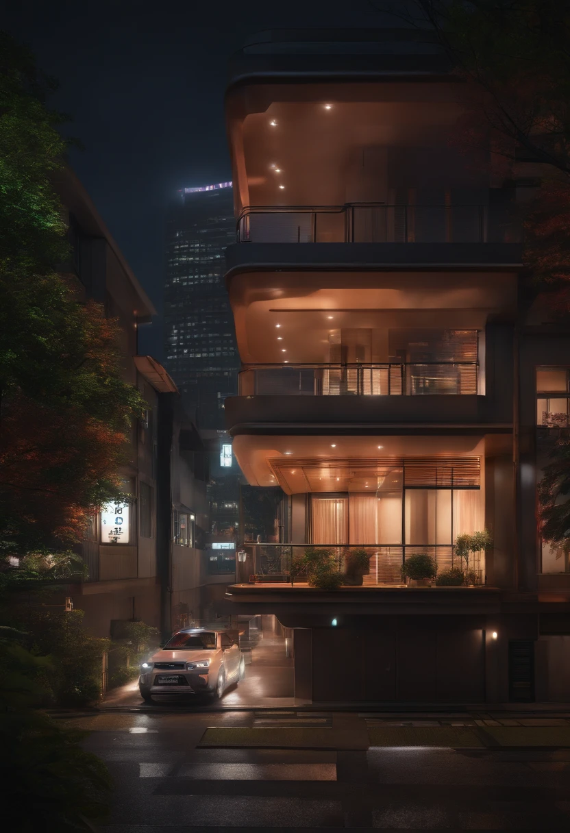 There is an apartment in the middle of the city of Japan, facing the building, neon lights, indicating this is a very special apartment. (best quality,4k,8k,highres,masterpiece:1.2), ultra-detailed, (realistic,photorealistic,photo-realistic:1.37), HDR, UHD, sharp focus, professional, vivid colors, bokeh, portraits, landscape, anime, sci-fi, photography, concept artists, (modern, futuristic) style, (vibrant, colorful) color palette, (ambient, soothing) lighting