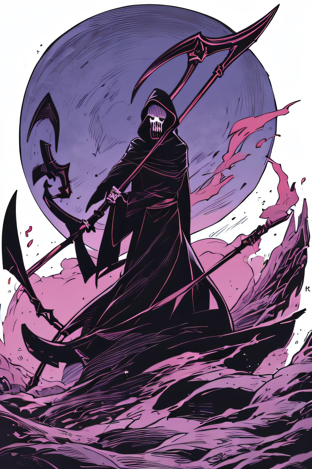 Grim Reaper with a Giant Scythe in the Cemetery、Purple Flame、Big Moon