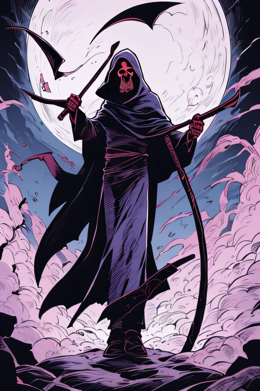 Grim Reaper with a Giant Scythe in the Cemetery、Purple Flame、Big Moon