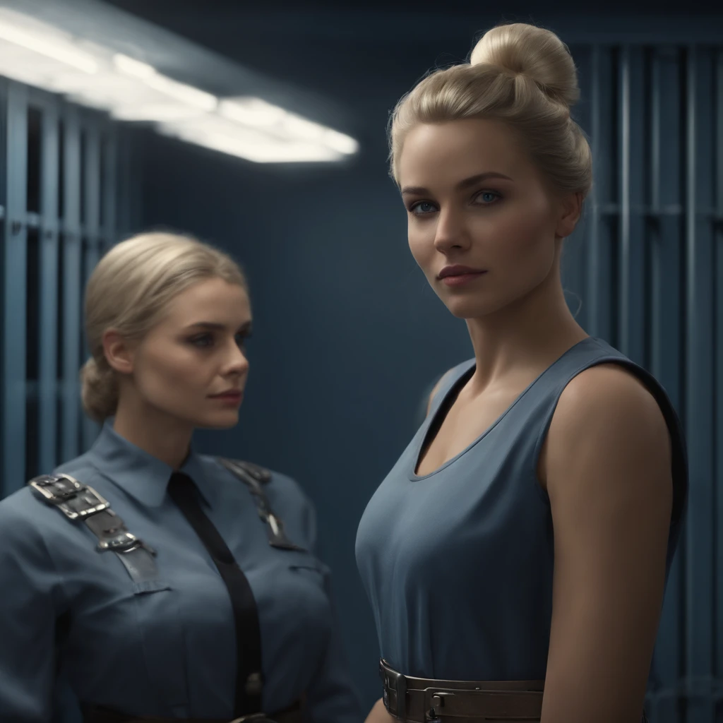 (Masterpeace), a young female woman holding a says “prisoner”, ligth blond hair, bun hairstyle, standing in the jail office, dark blue eyes, wearing a smiple gray dress, with wide metal belt, side ligth