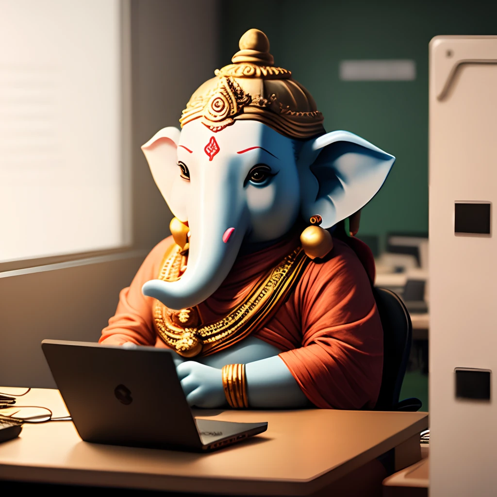 Lord ganesha working in office on the back side Burj Khalifa  with last same image