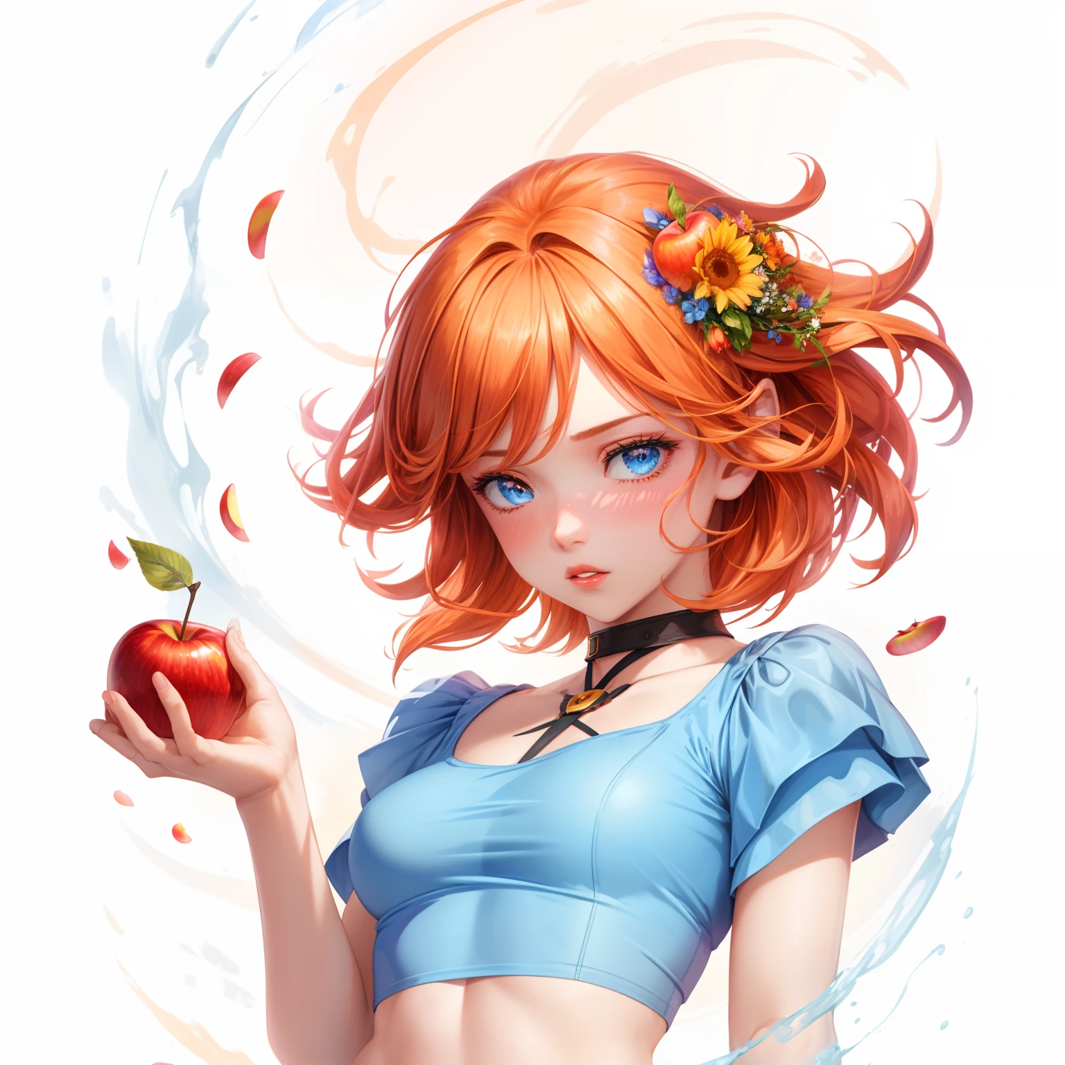 realistic, 1girl, orange hair, blue eyes, glowing eyes, crop top, skirt, parted lips, blush, night, flowers, sun, sunlight, apple,